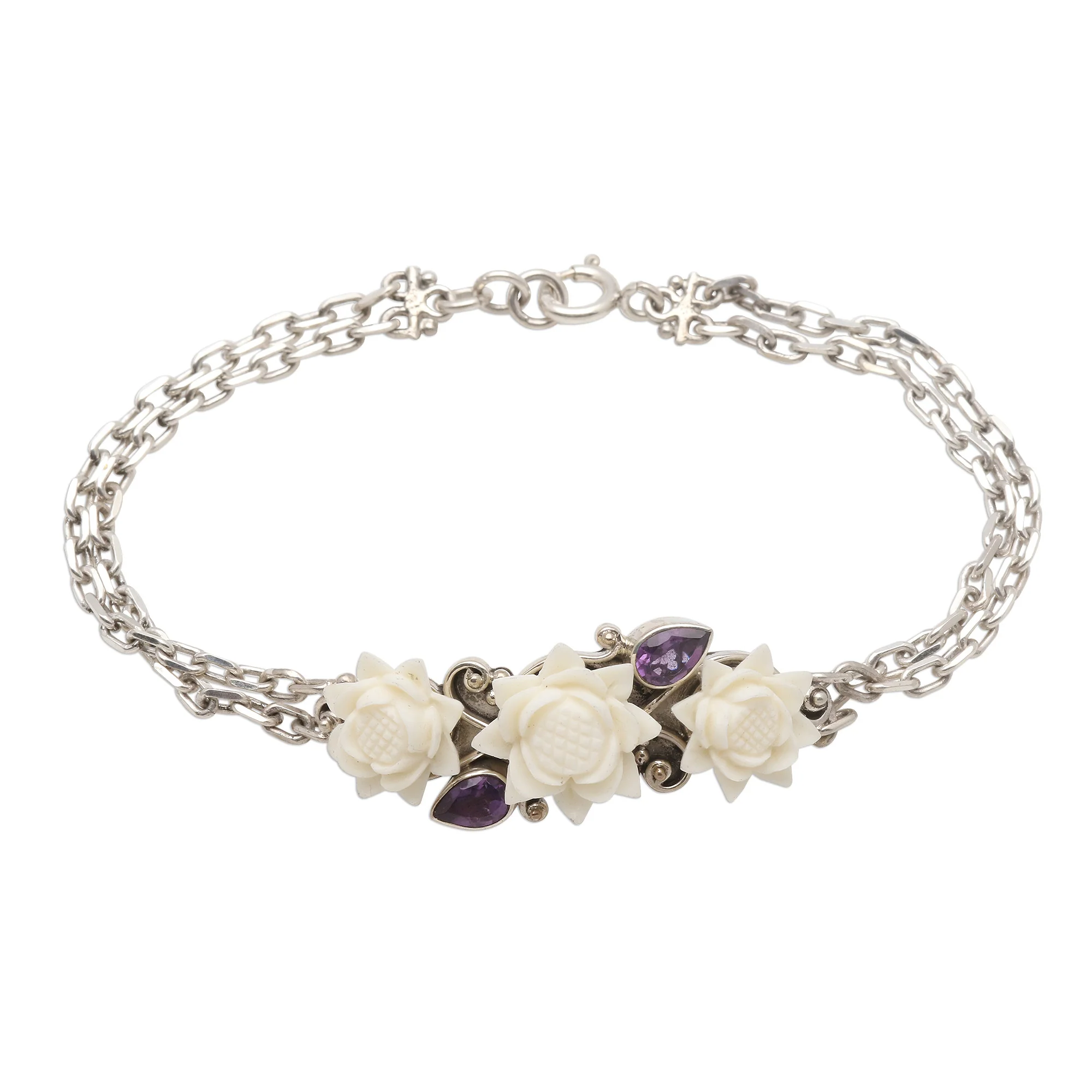Ivory Lotus Silver and Amethyst Bracelet with Carved Bone Flowers - Image 2