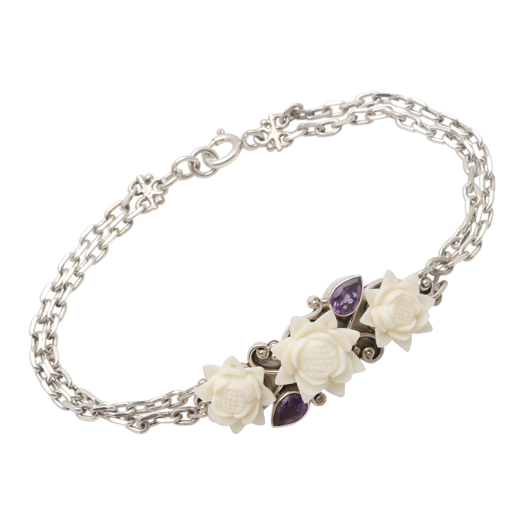Ivory Lotus Silver and Amethyst Bracelet with Carved Bone Flowers - Image 4