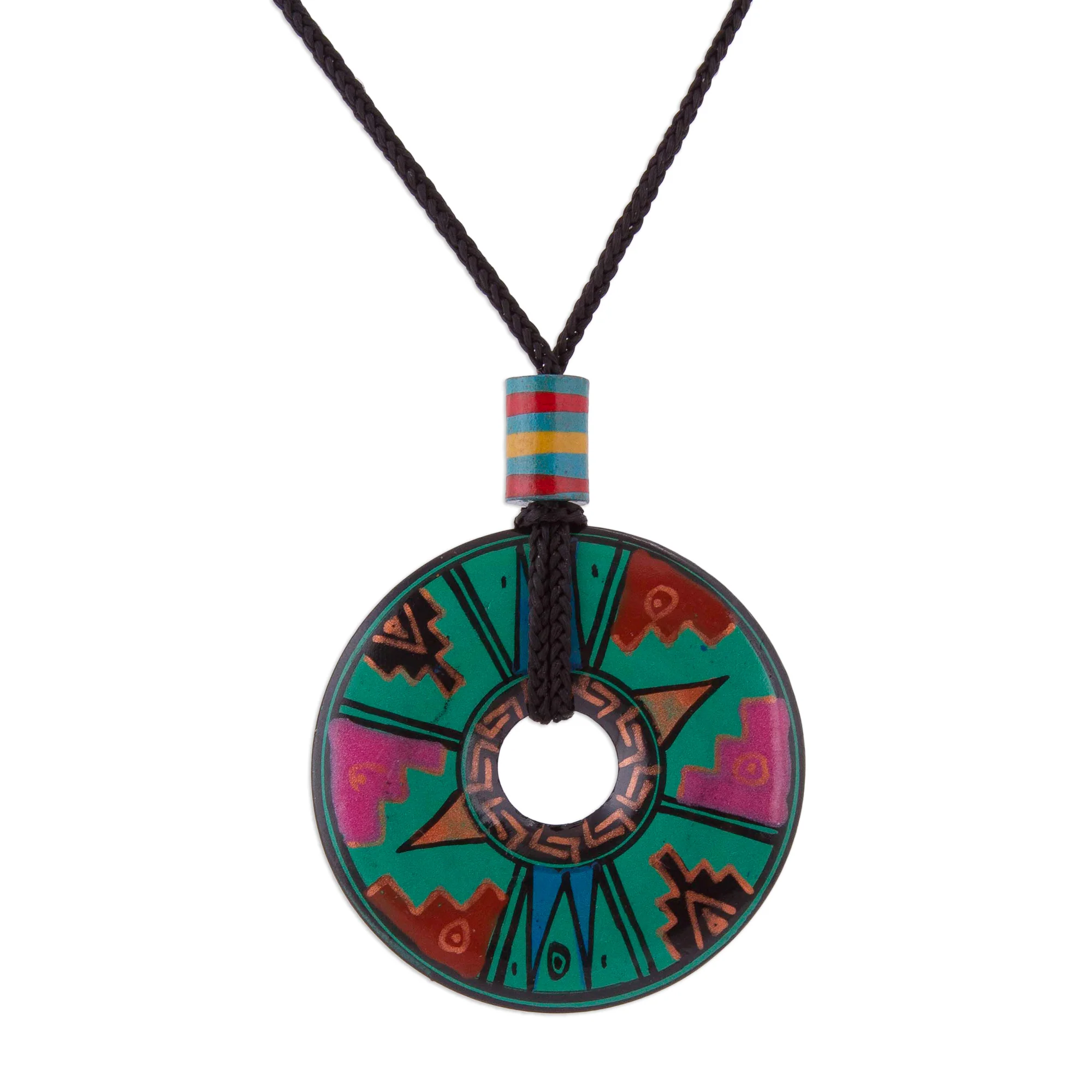 Jade Princess Peruvian Green Ceramic Pendant Necklace with Geometric Motif - Image 2