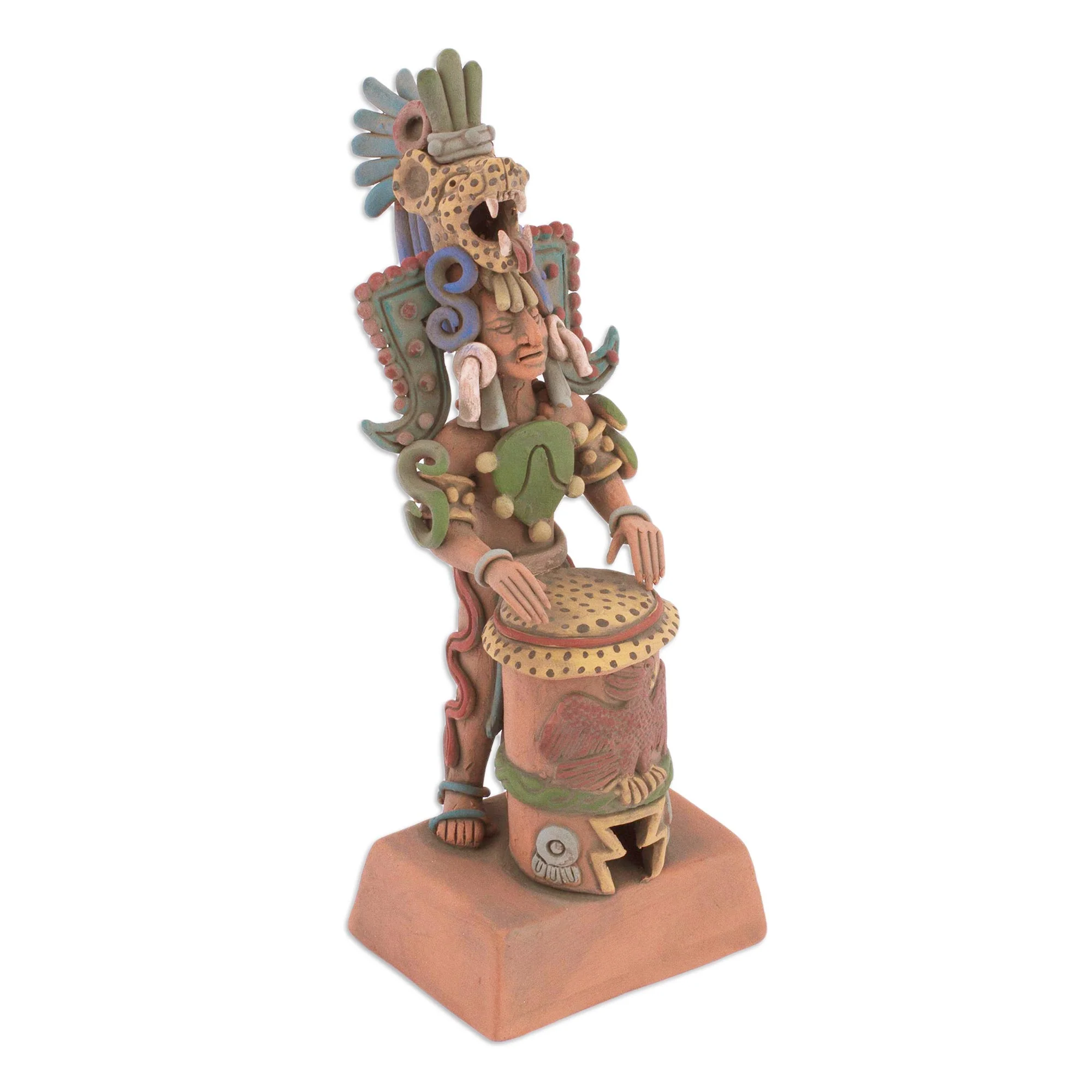 Jaguar Warrior and Huehuetl Unique Aztec Museum Replica Ceramic Sculpture - Image 2