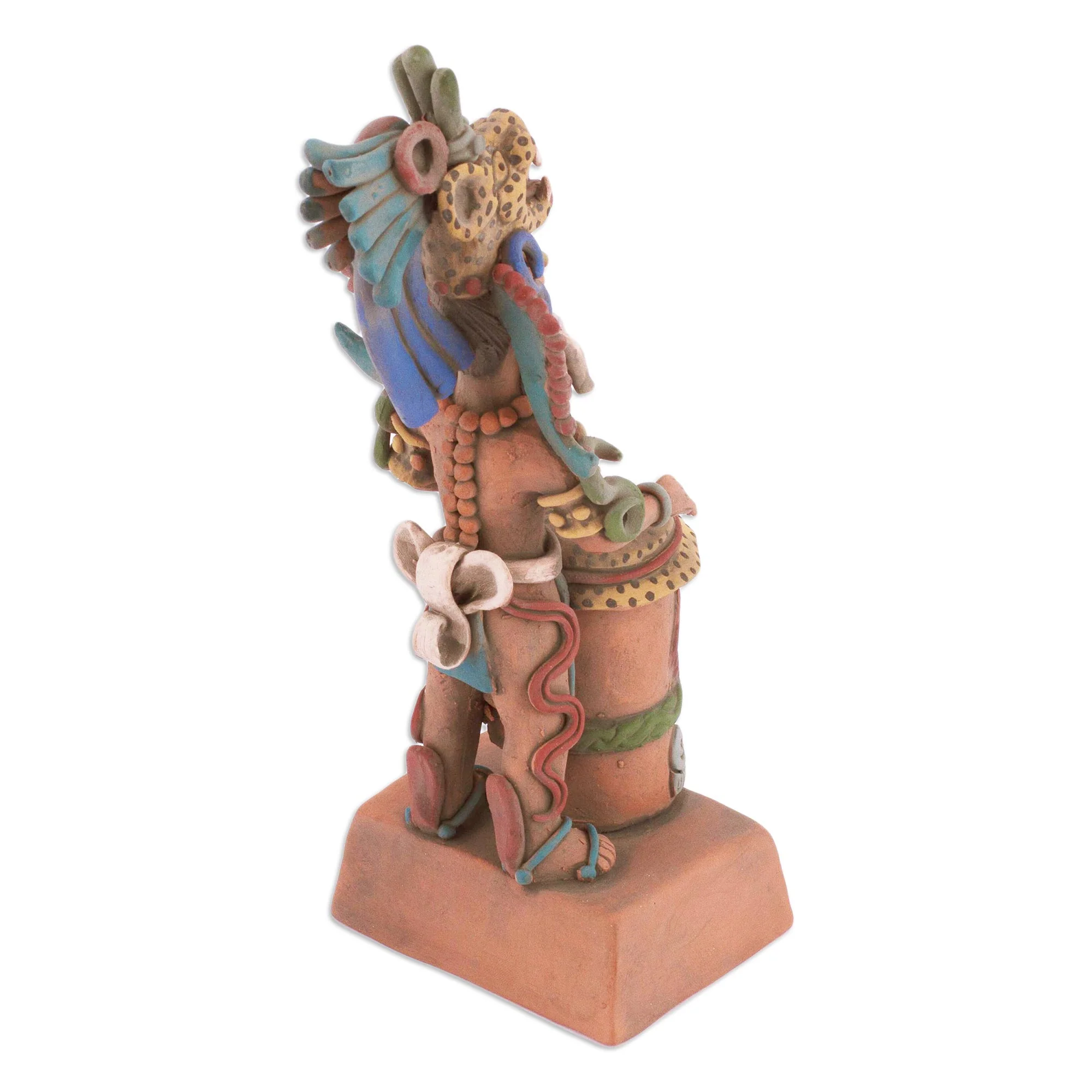 Jaguar Warrior and Huehuetl Unique Aztec Museum Replica Ceramic Sculpture - Image 4