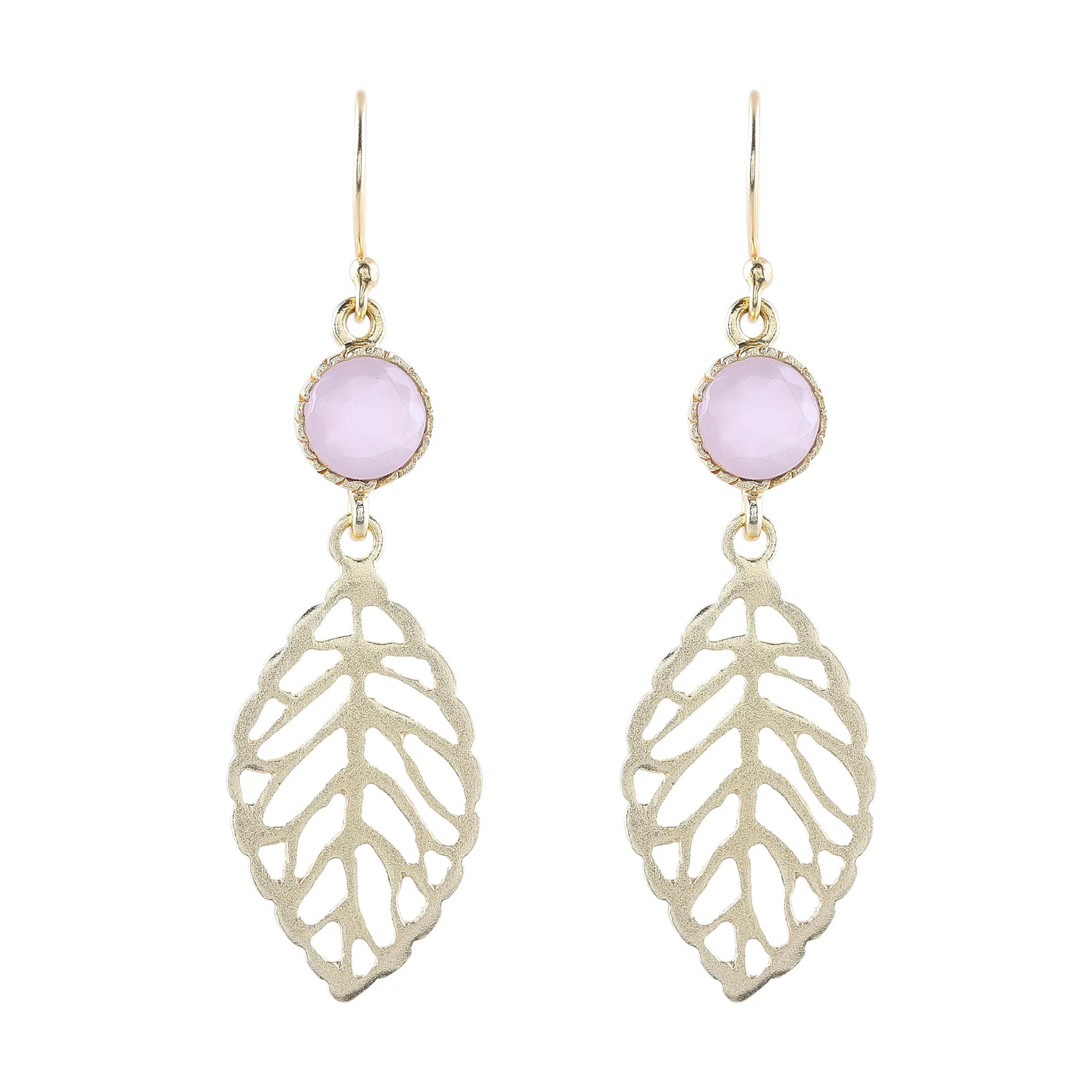 Jaipur Leaves Gold Plated Rose Quartz Leaf Earrings from India - Image 2