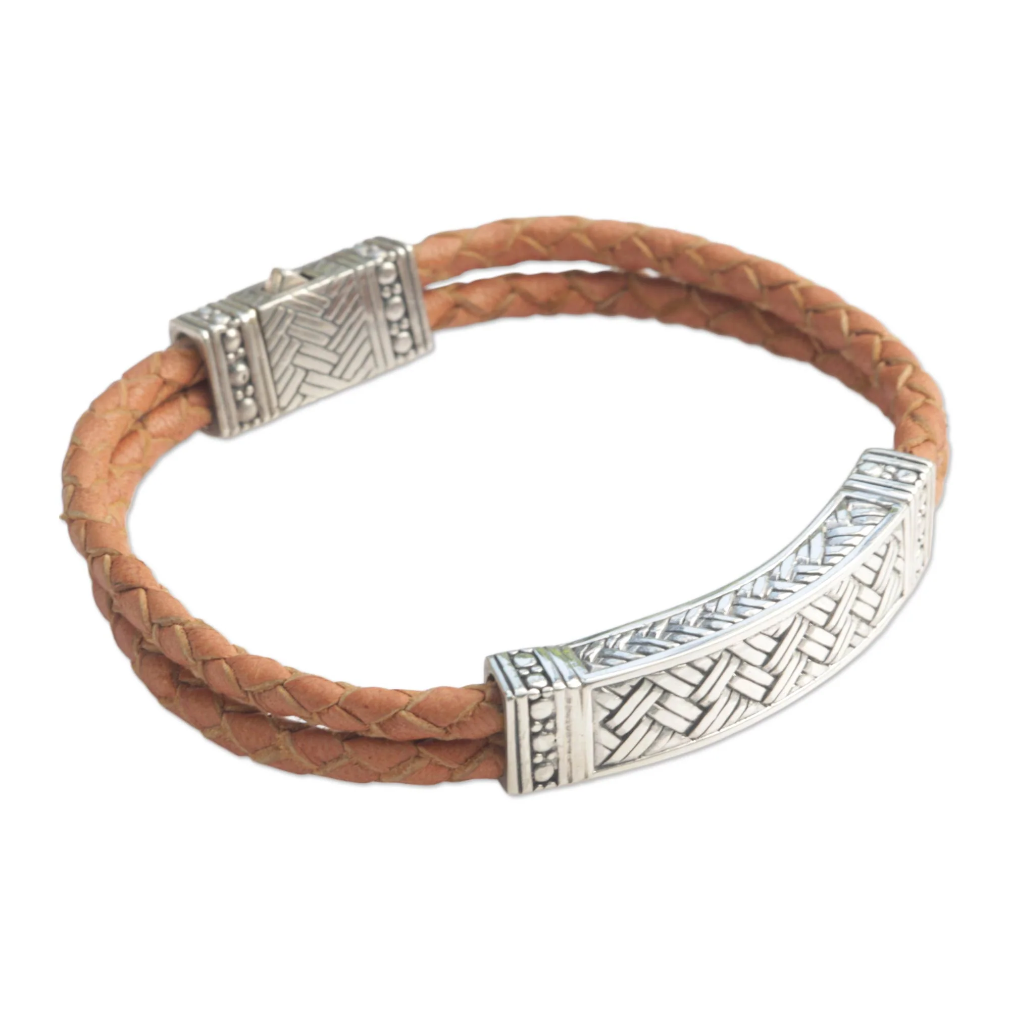 Jakarta Man Men's Sterling Silver and Leather Wristband Bracelet - Image 5
