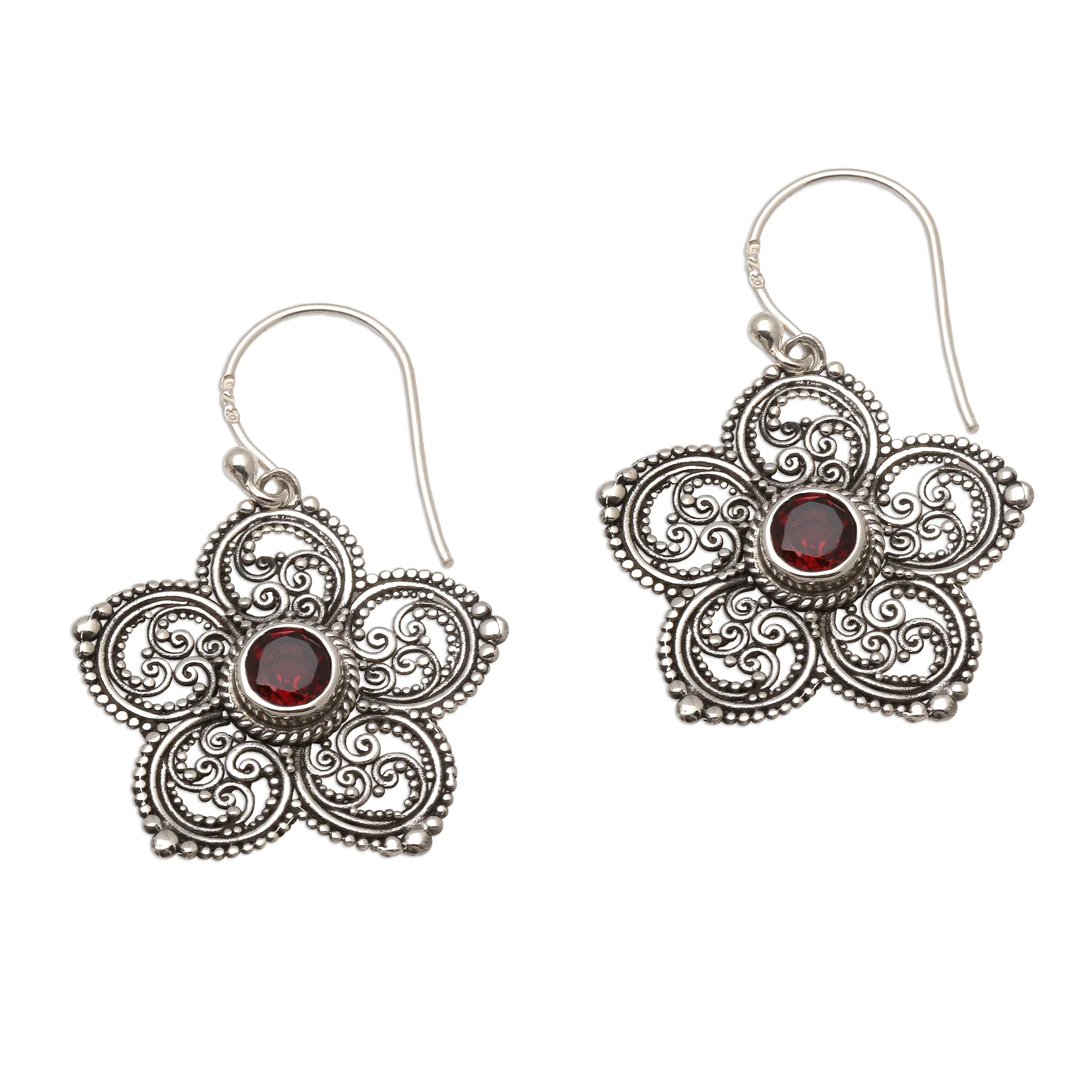 January's Flower Sterling Silver and Garnet Flower Earrings - Image 2