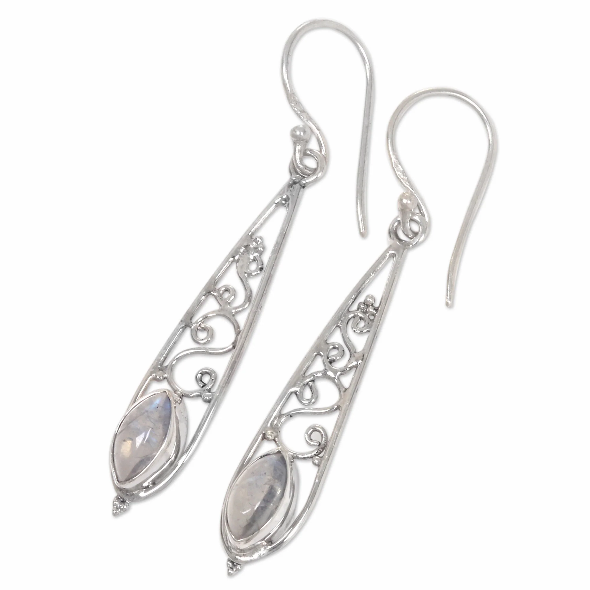 Jasmine Dew Artisan Crafted Rainbow Moonstone Silver Dangle Earrings - Image 3