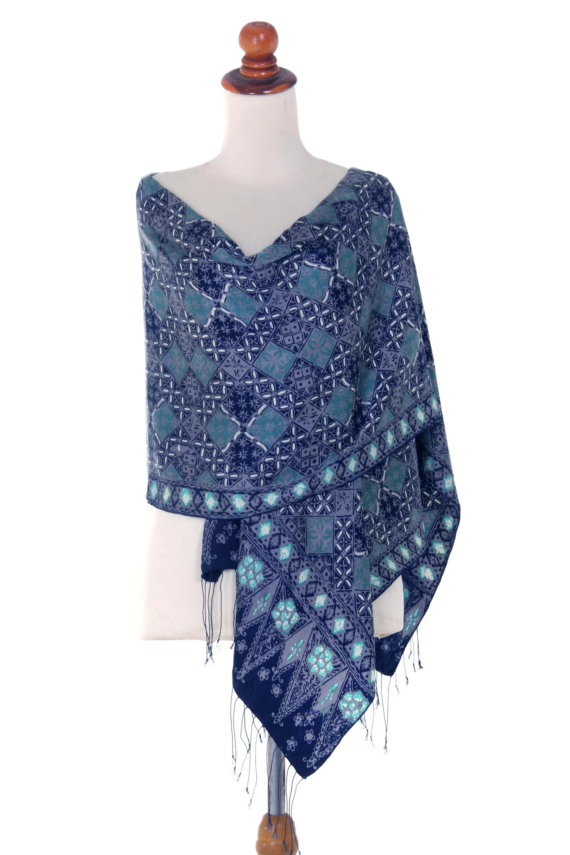 Java Starlight Fair Trade Batik Silk Patterned Blue Shawl - Image 2