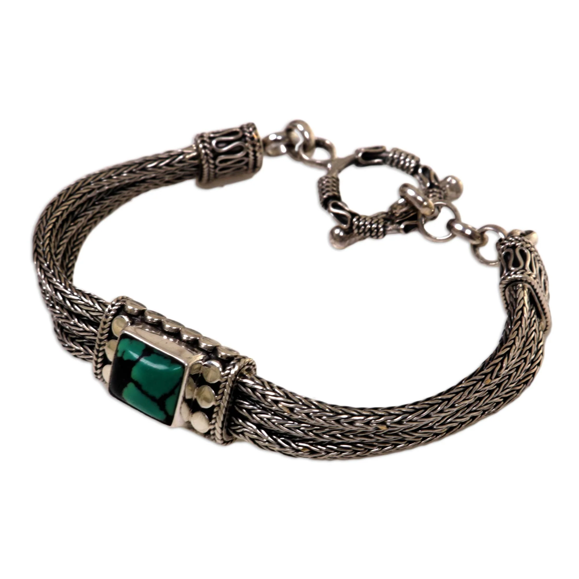 Java Style Silver & Turquoise Chain Bracelet - Image 2