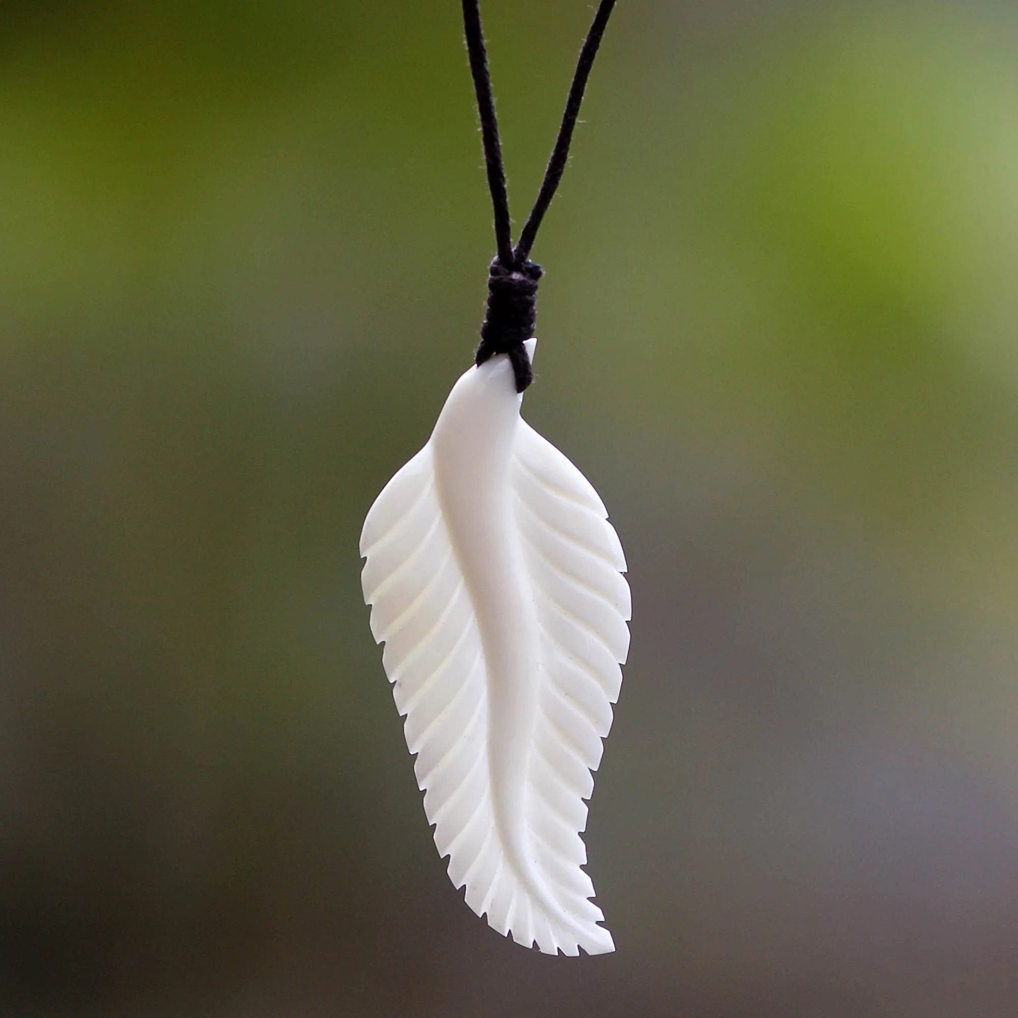 Javanese Fern Hand Carved Cow Bone Pendant Necklace