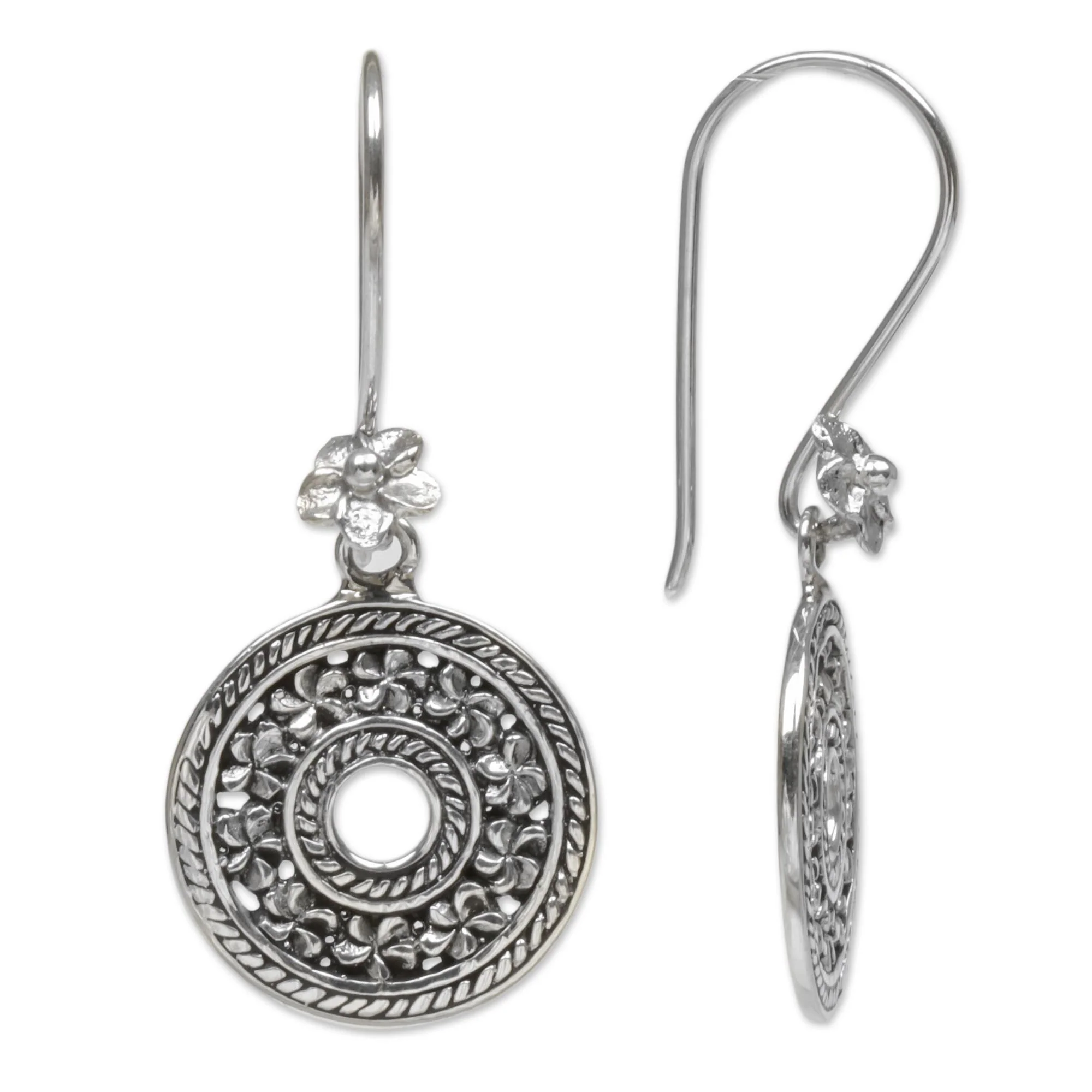 Jepun Coins Hand Made Sterling Silver Dangle Earrings Floral Indonesia - Image 4