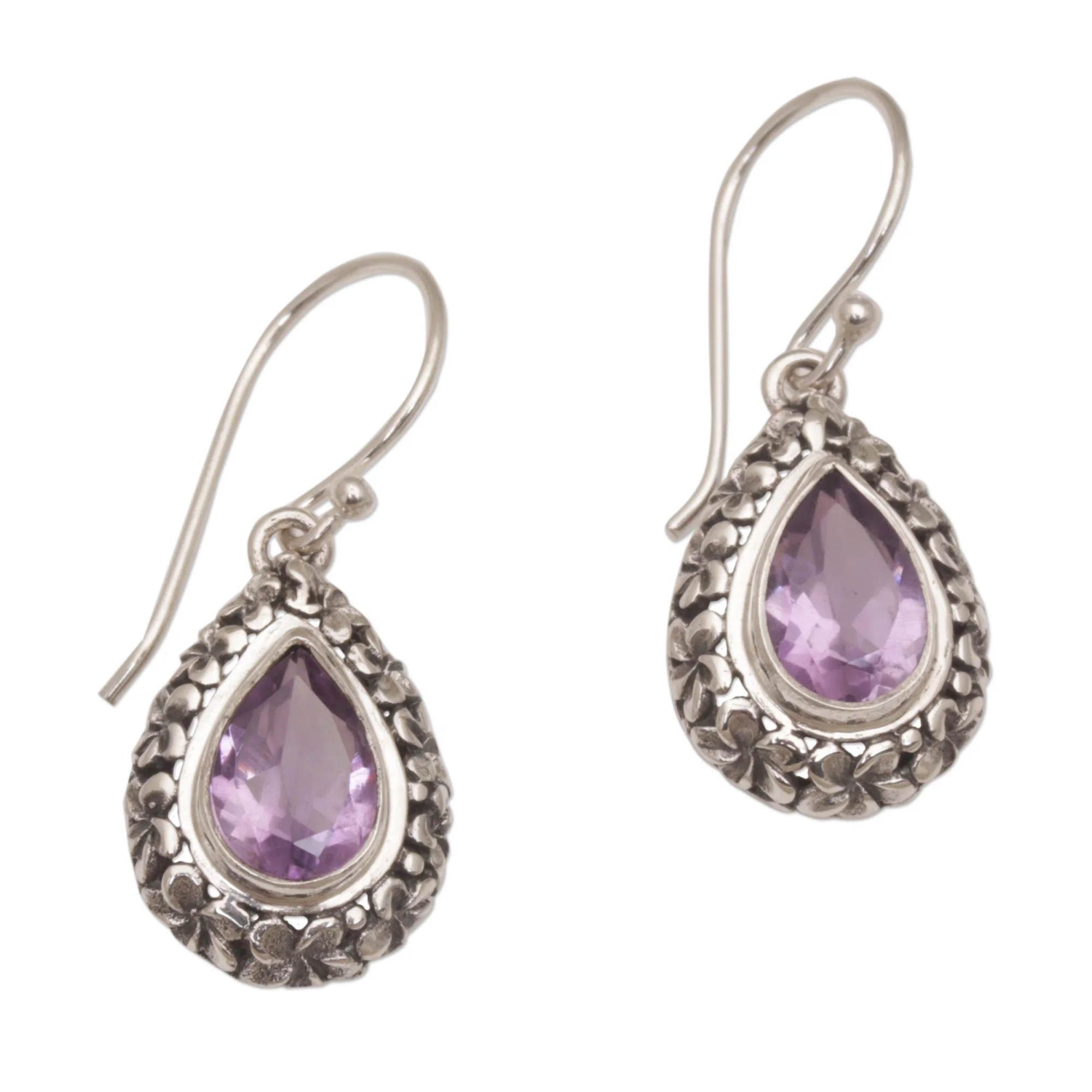 Jepun Lilac Frangipani Flower Dangle Earrings with Amethyst Gems - Image 2