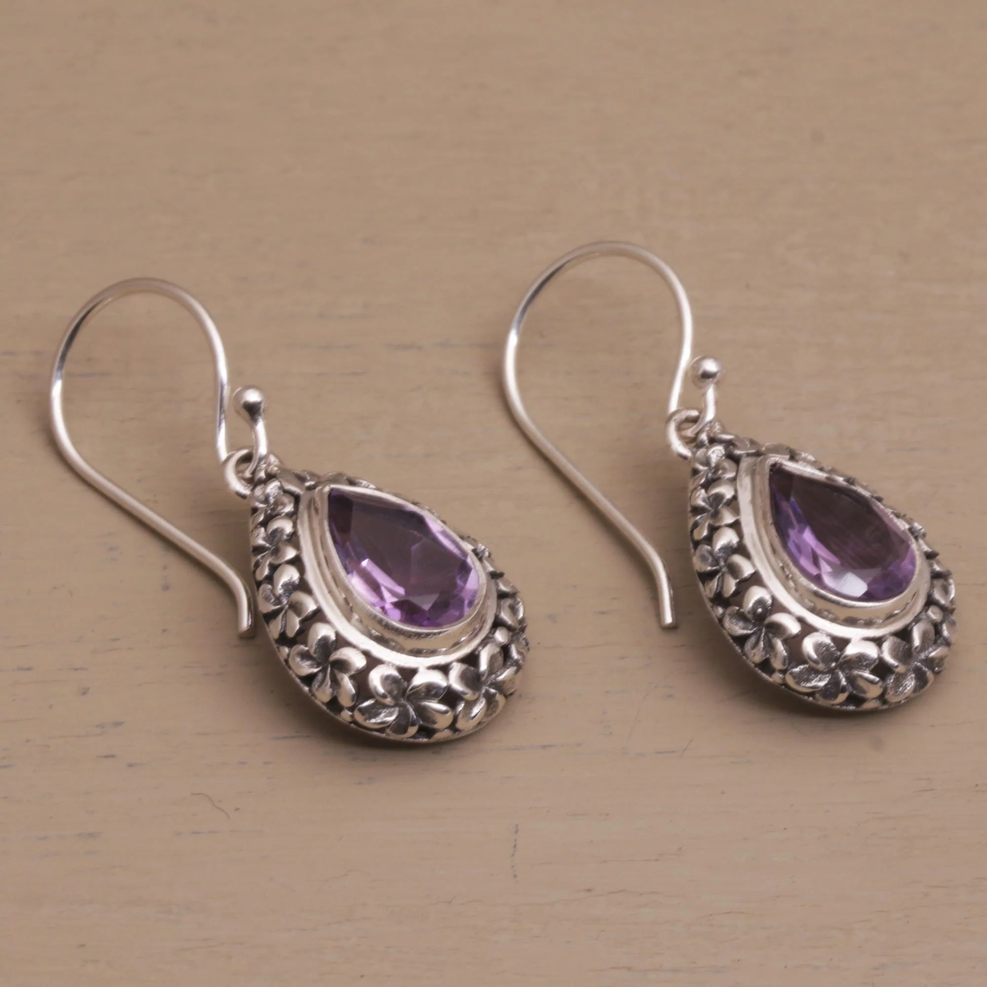 Jepun Lilac Frangipani Flower Dangle Earrings with Amethyst Gems - Image 4