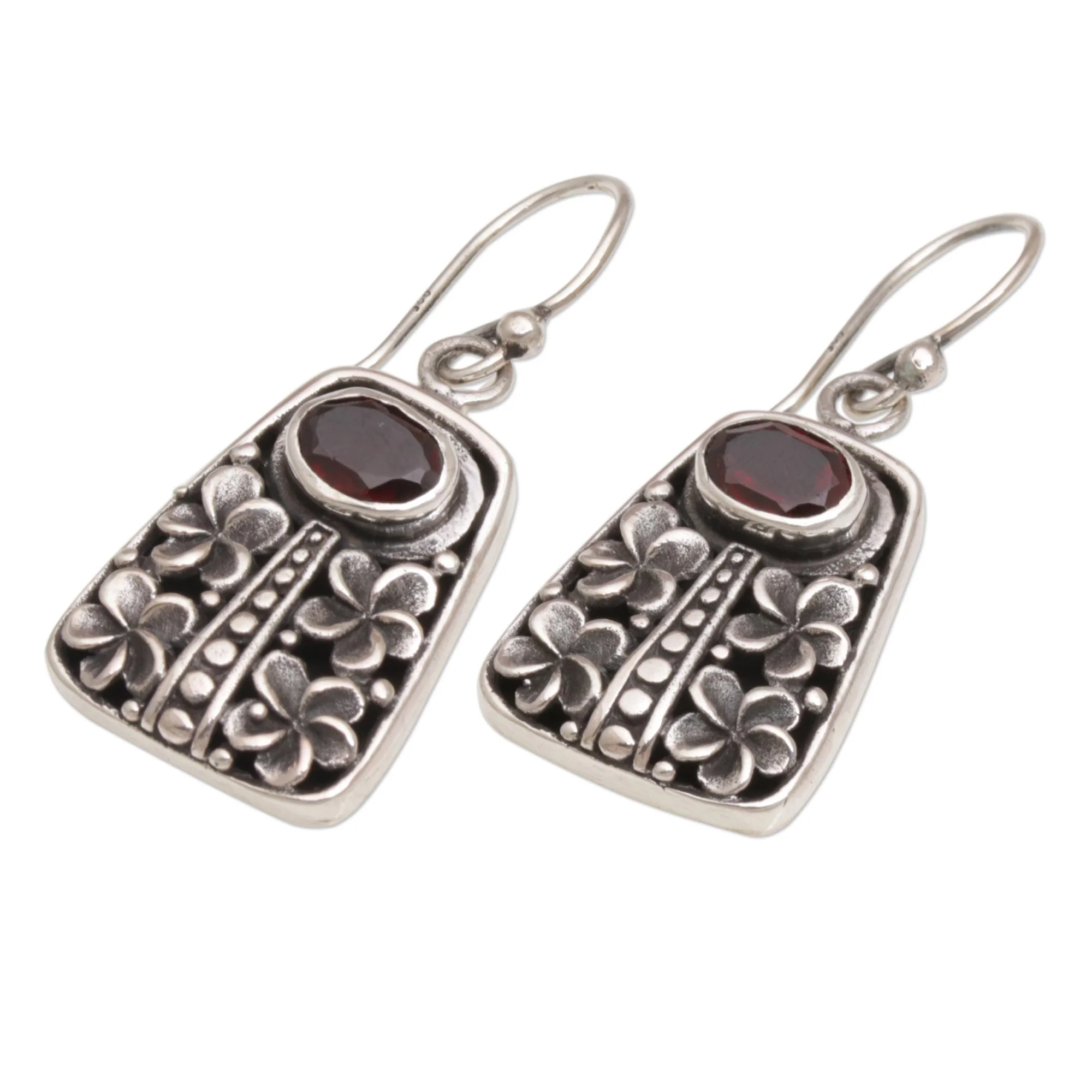 Jepun Pura Garnet and Sterling Silver Floral Dangle Earrings from Bali - Image 4