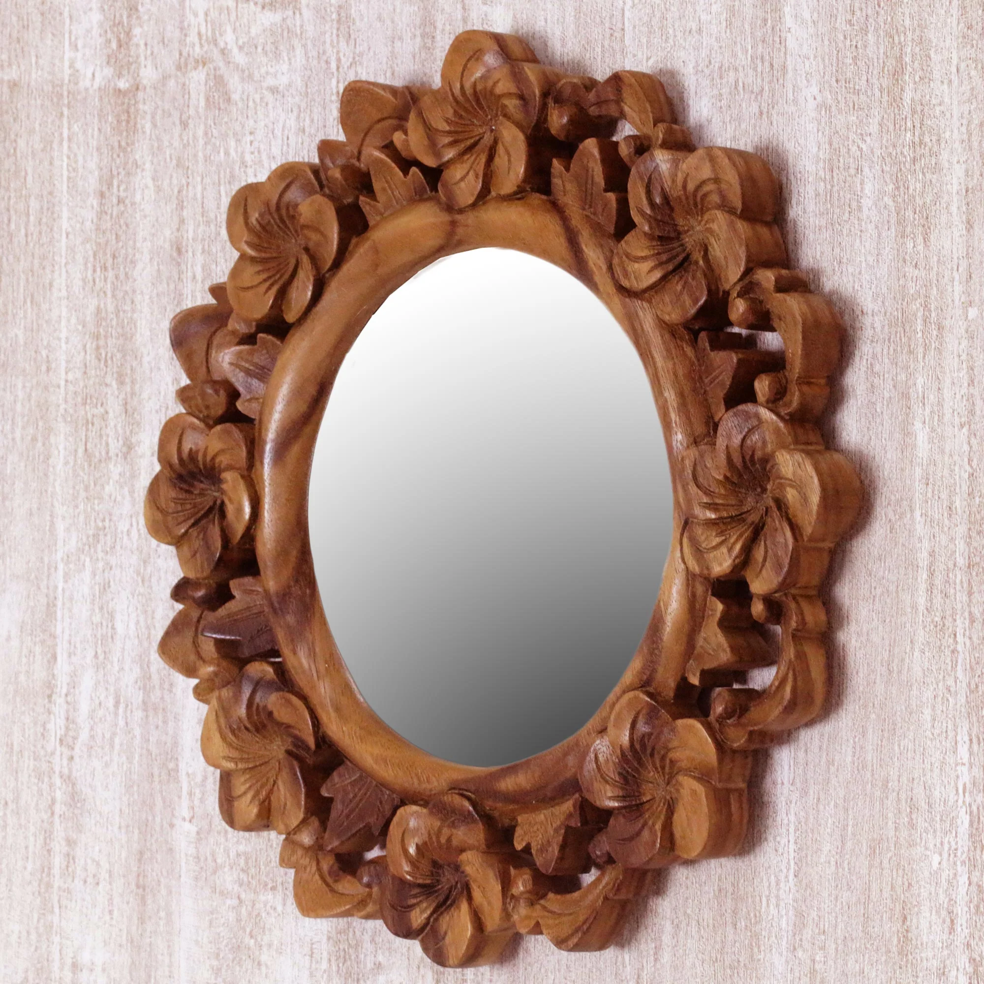 Jepun Reflection Hand Carved Natural Wood Balinese Floral Wall Mirror - Image 3