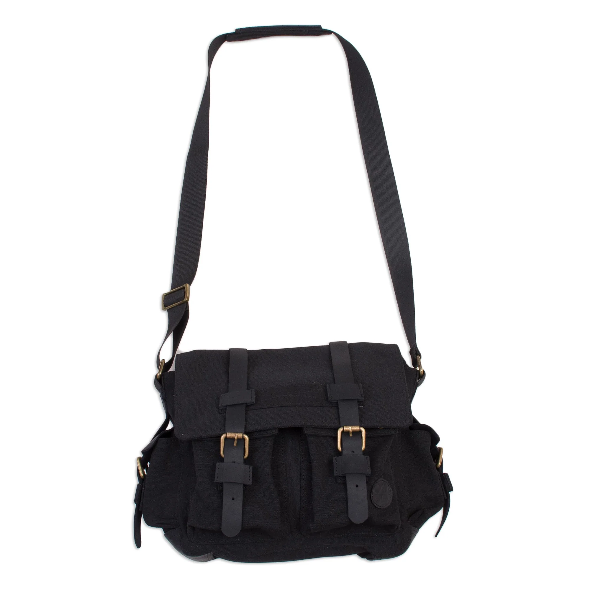 Journey to Manu in Black Leather Accented Roomy Canvas Messenger Bag in Black - Image 2