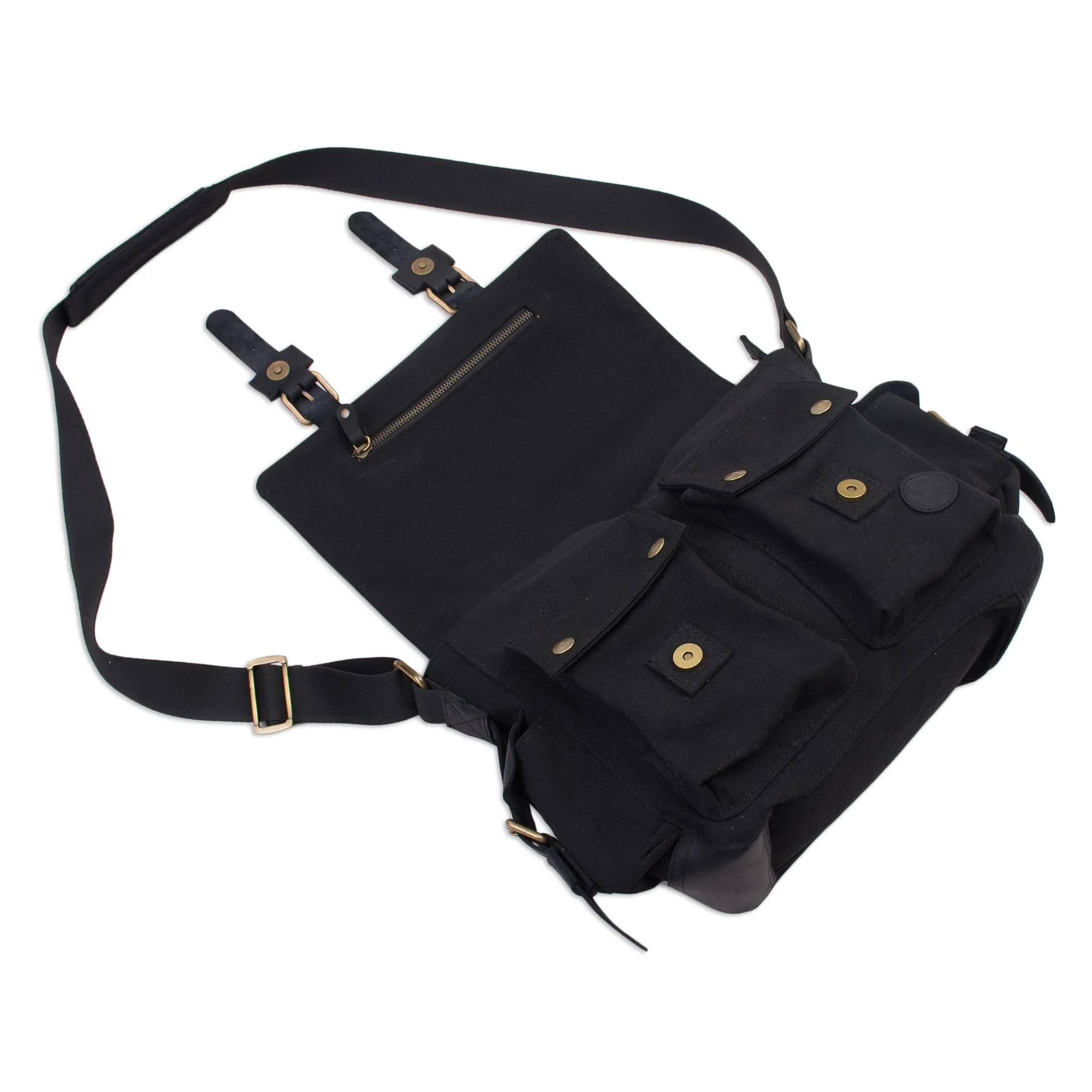 Journey to Manu in Black Leather Accented Roomy Canvas Messenger Bag in Black - Image 3