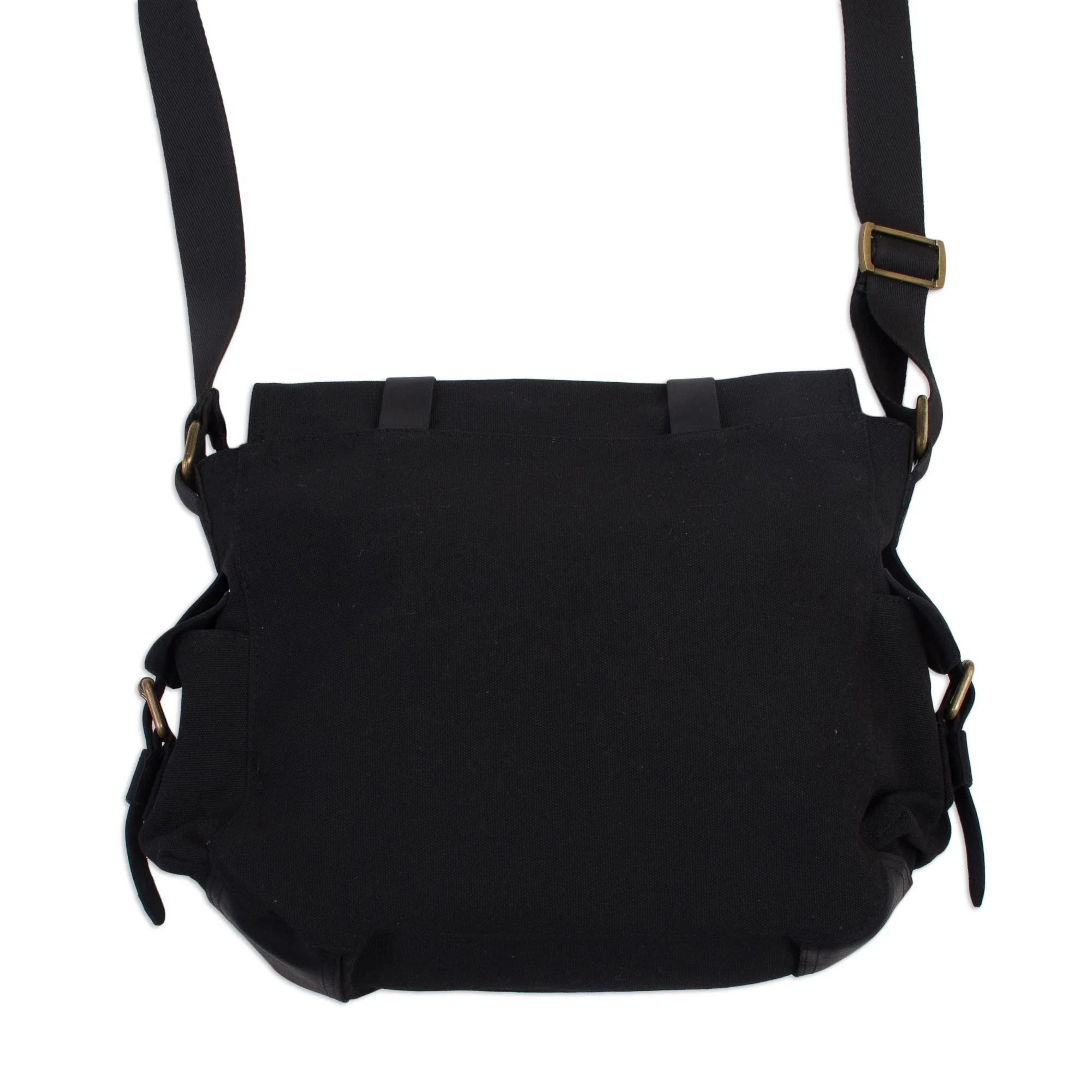 Journey to Manu in Black Leather Accented Roomy Canvas Messenger Bag in Black - Image 4