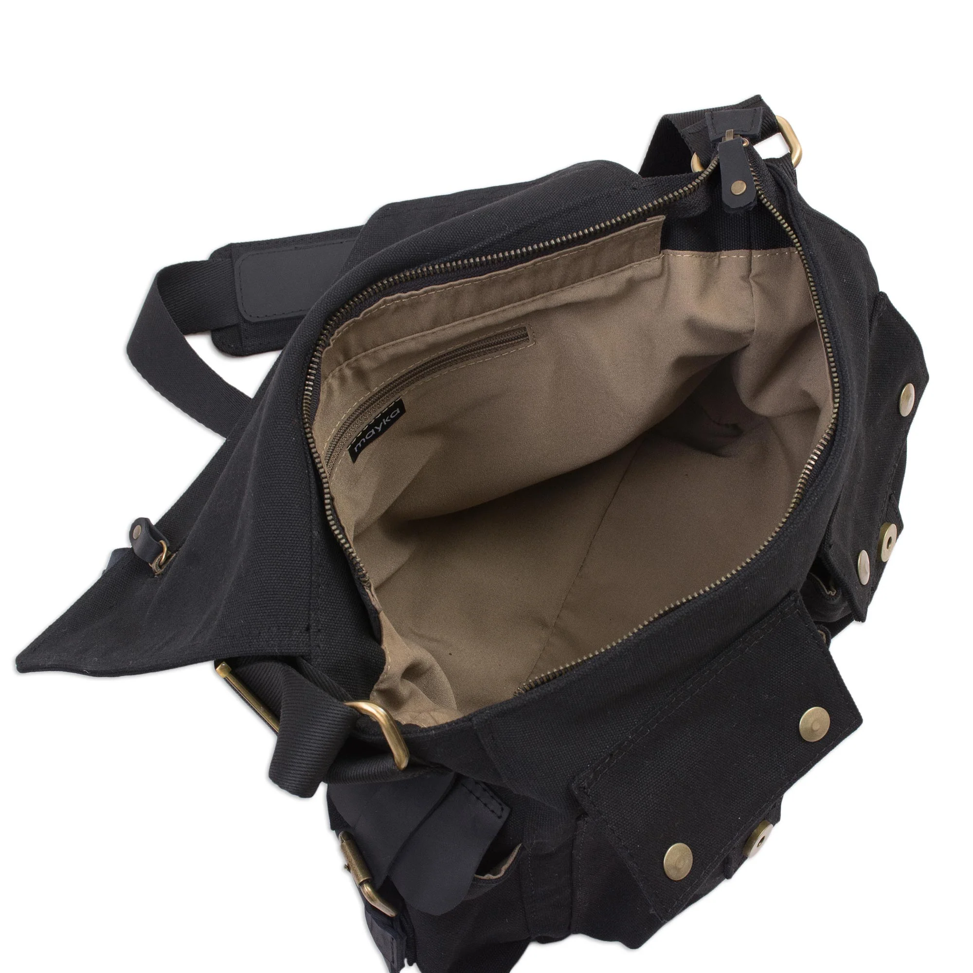 Journey to Manu in Black Leather Accented Roomy Canvas Messenger Bag in Black - Image 5