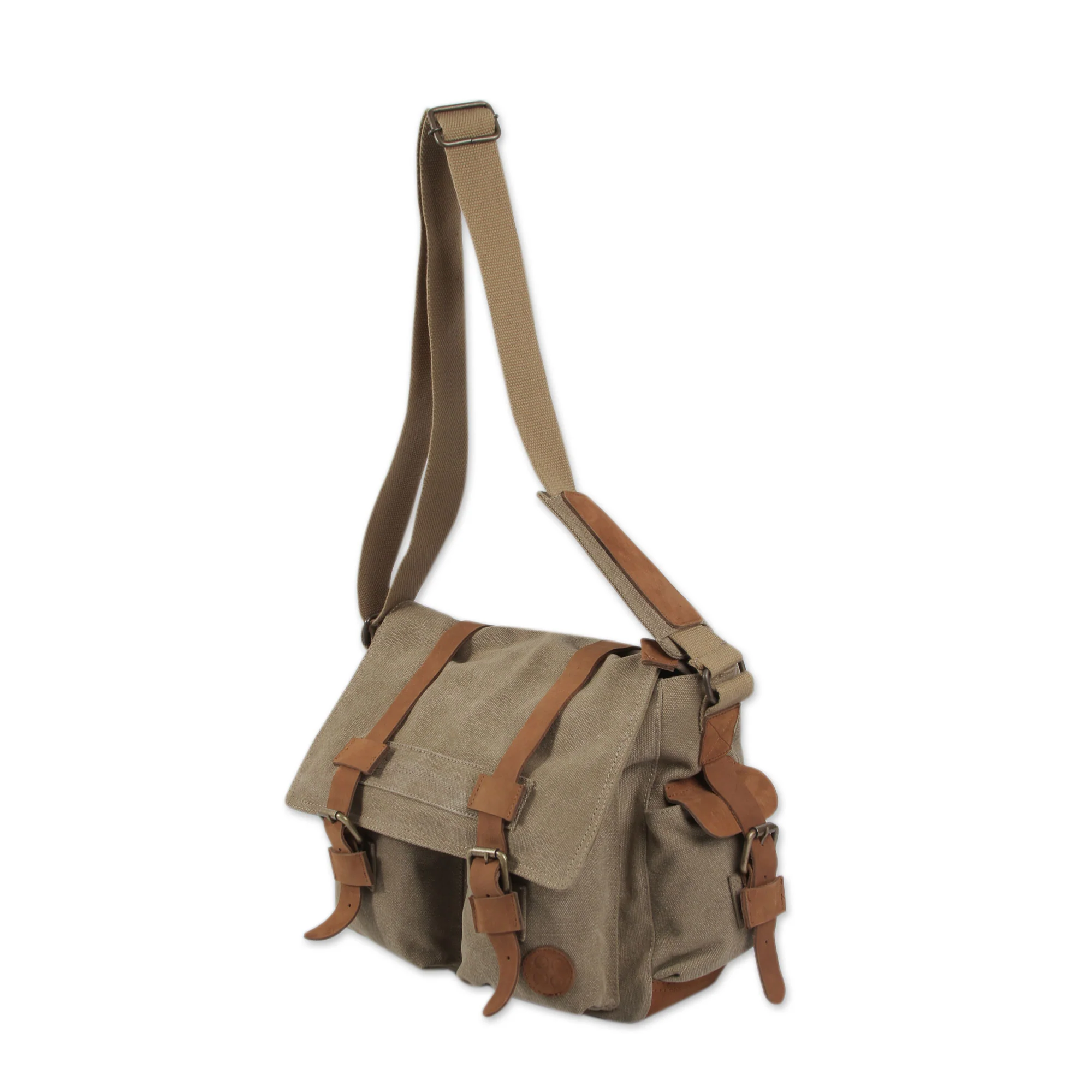 Journey to Puno Tan and Brown Leather Accent Roomy Canvas Messenger Bag - Image 4