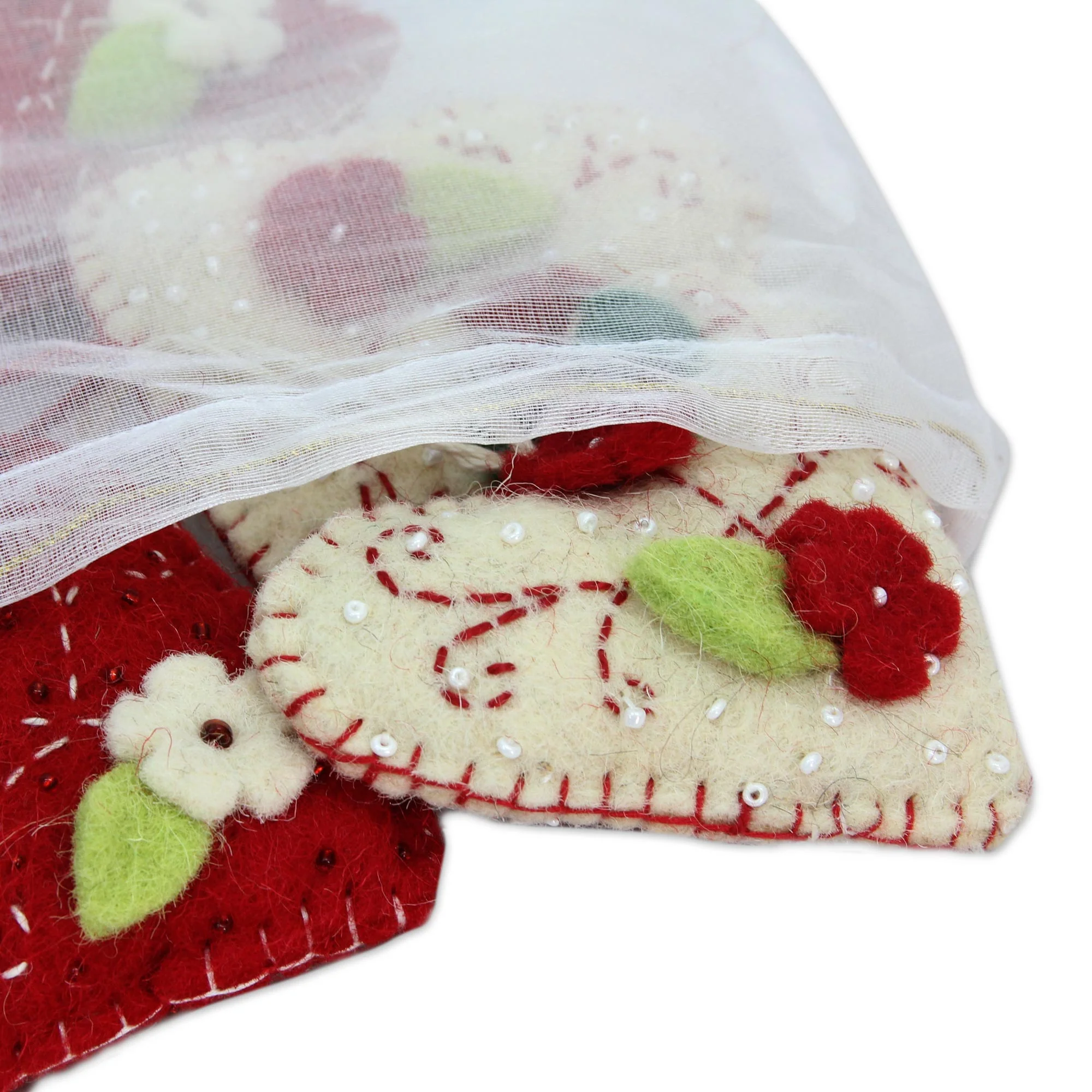 Joyful Hearts Handcrafted Felt Heart Ornaments in Red and Ivory (Set of 4) - Image 3