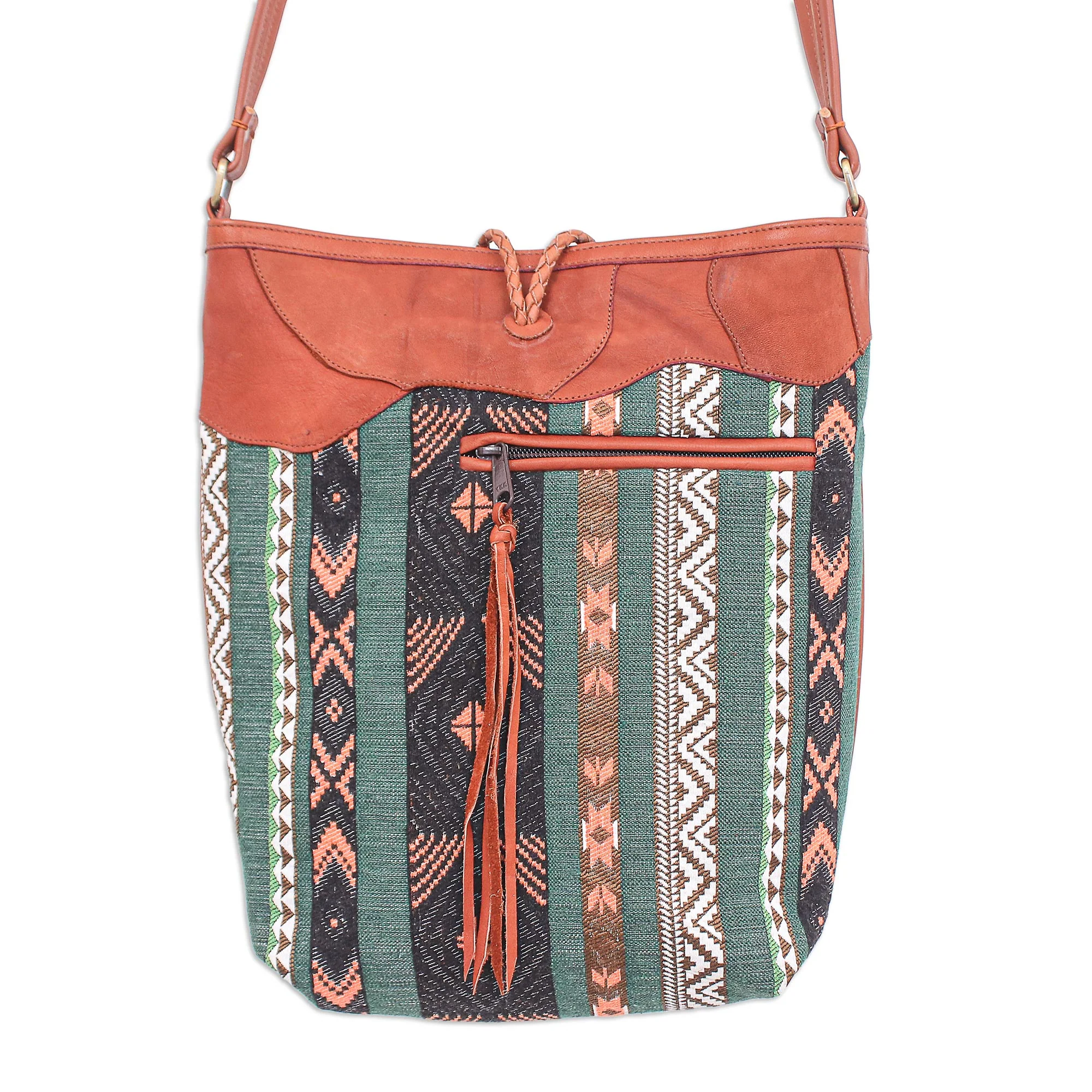 Joyful Journey in Green Thai Cotton Blend Sling Bag with Leather Strap - Image 3