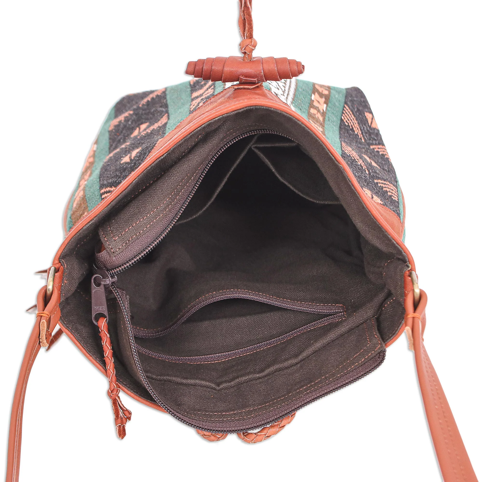 Joyful Journey in Green Thai Cotton Blend Sling Bag with Leather Strap - Image 5