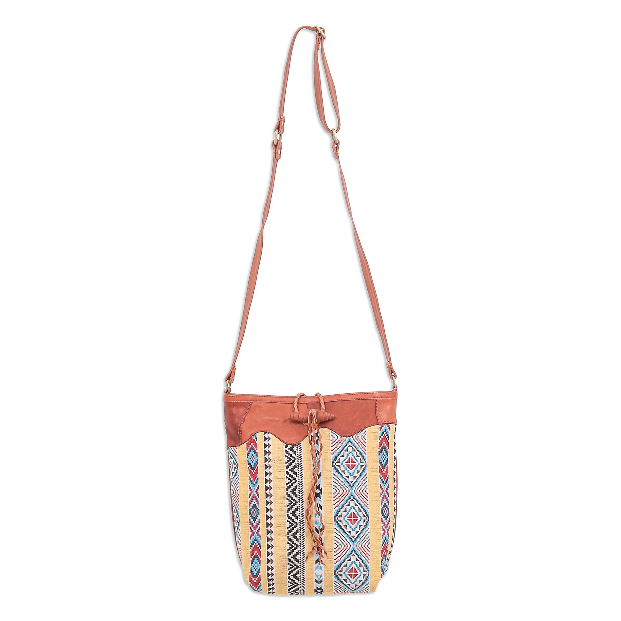 Joyful Journey in Yellow Leather-Accented Cotton Blend Sling Bag - Image 2