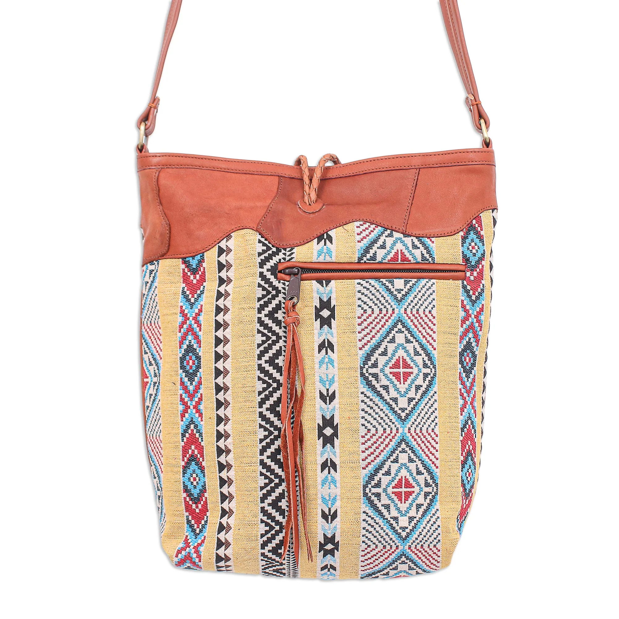 Joyful Journey in Yellow Leather-Accented Cotton Blend Sling Bag - Image 3