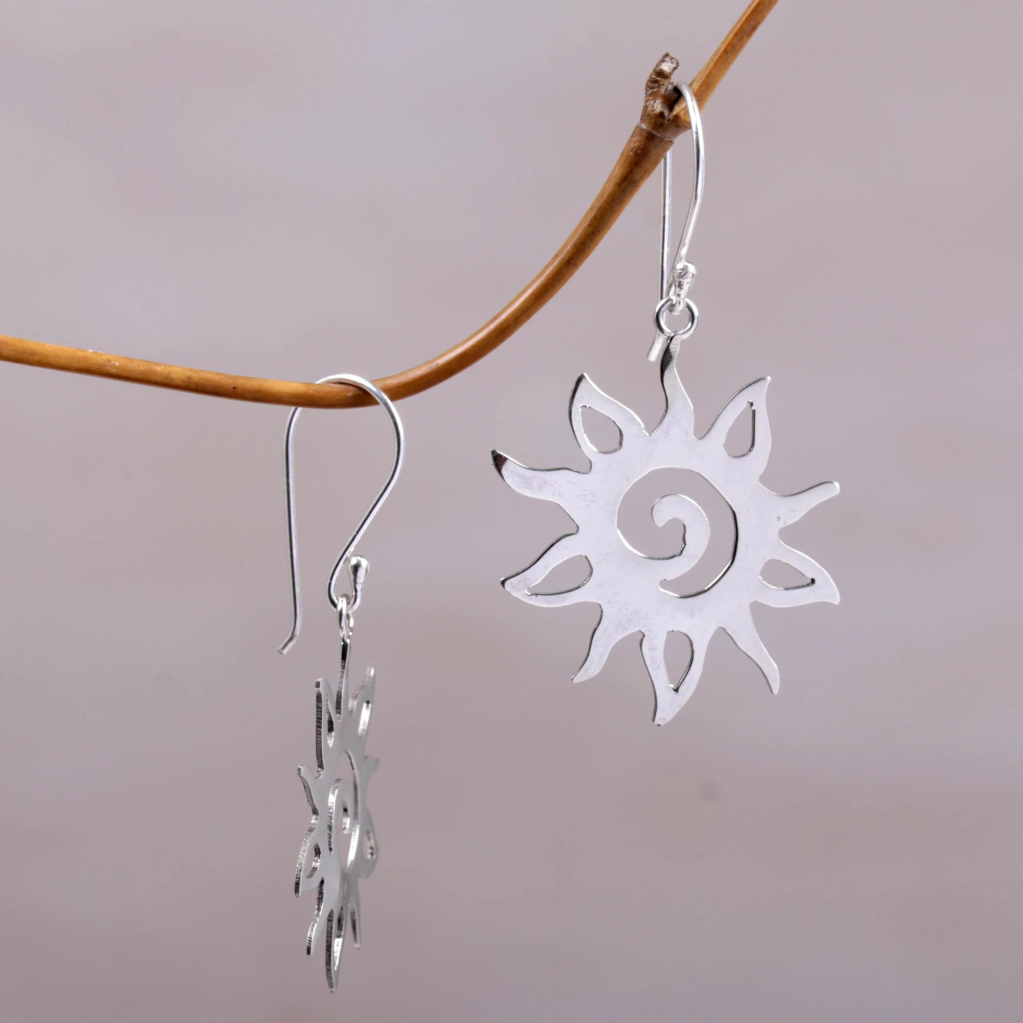 Joyful Suns Sterling Silver Sun Shaped Dangle Earrings from Indonesia - Image 3