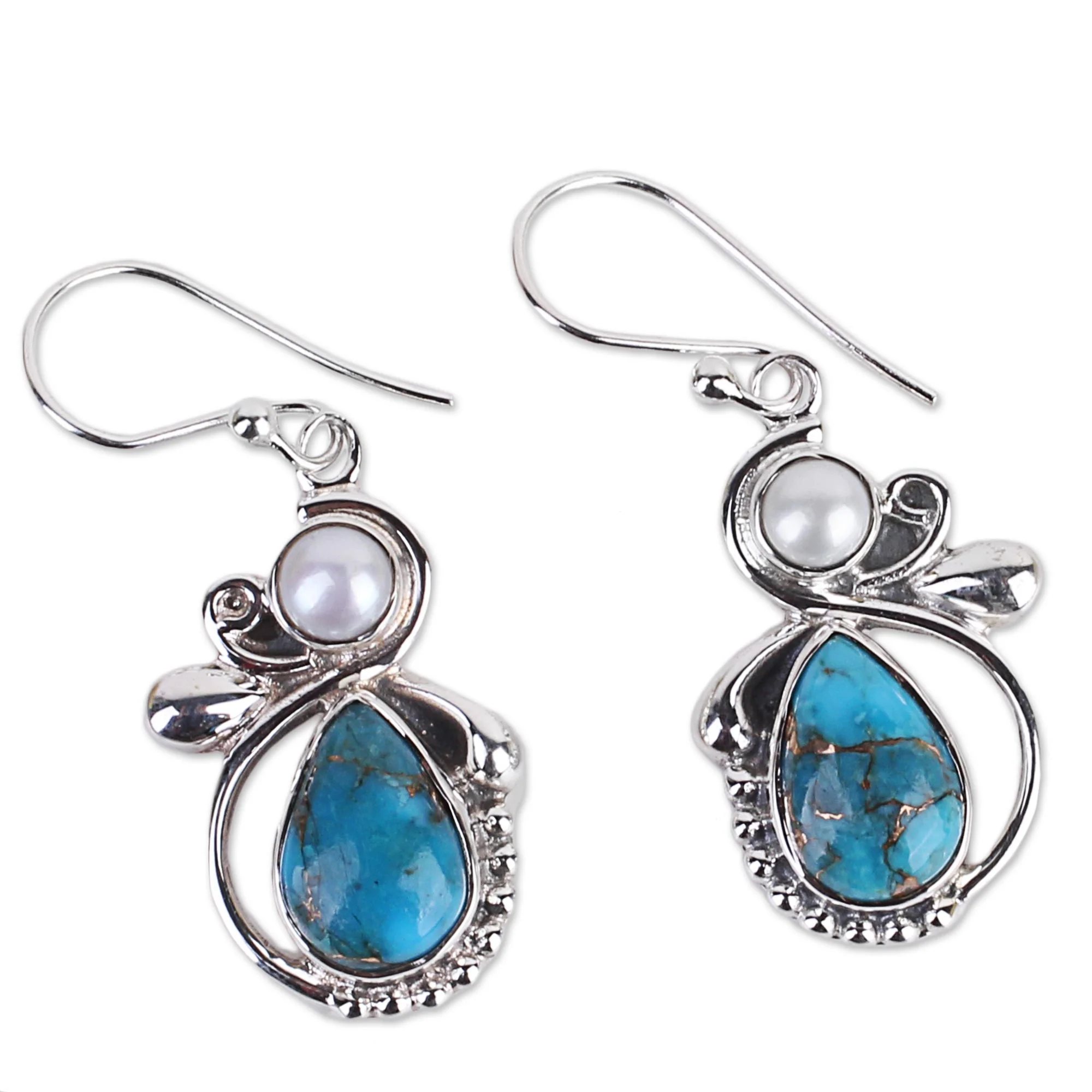 Joyous Blue Sky Silver 925 Cultured Pearl and Composite Turquoise Earrings - Image 2