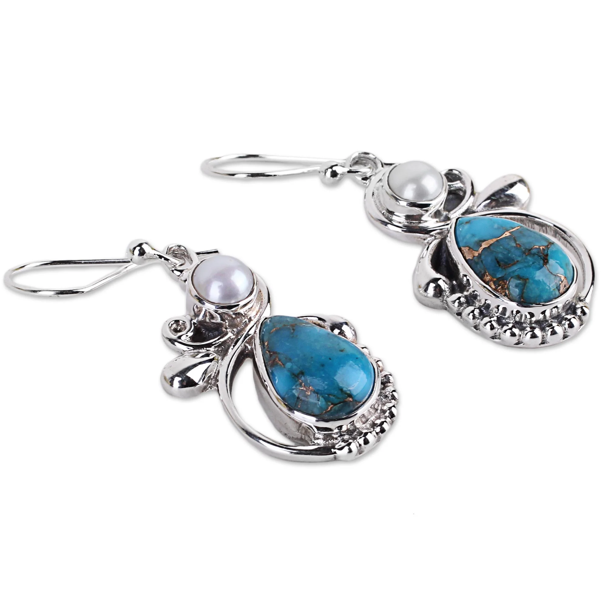 Joyous Blue Sky Silver 925 Cultured Pearl and Composite Turquoise Earrings - Image 3