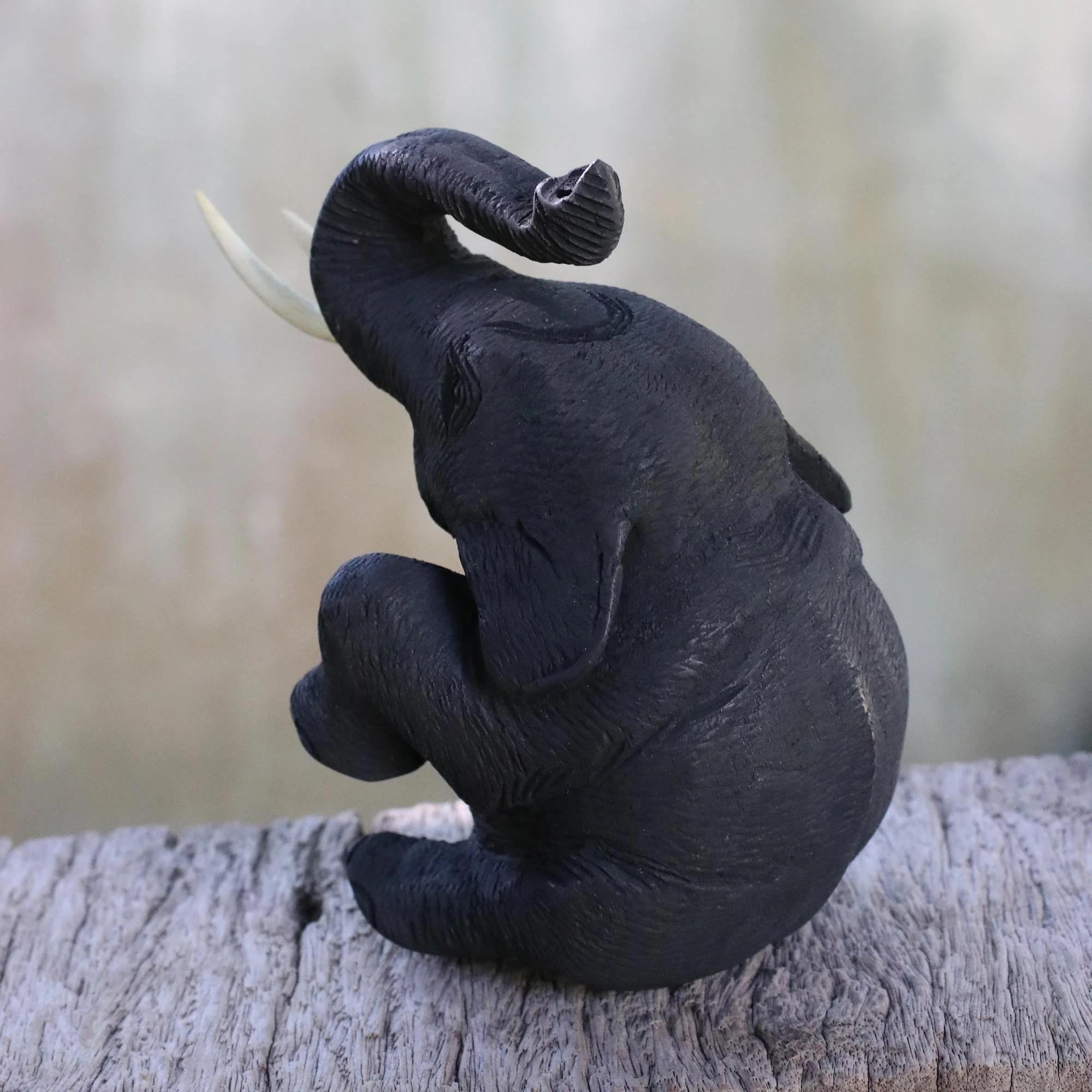 Joyous Elephant Black Teakwood Wood Sculpture - Image 3