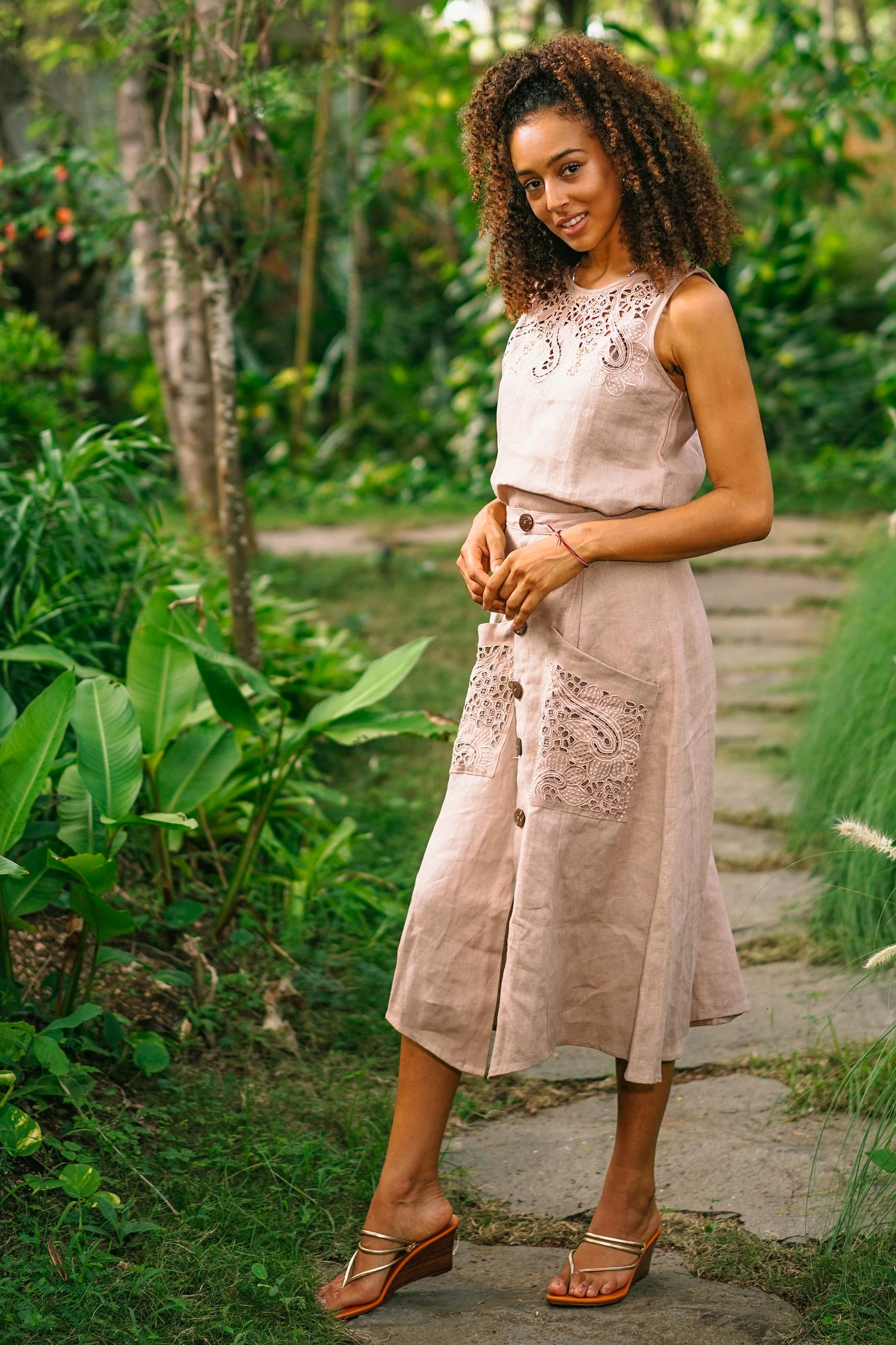 Juicy Fruit in Natural Hand Embroidered Knee-Length Skirt - Image 3