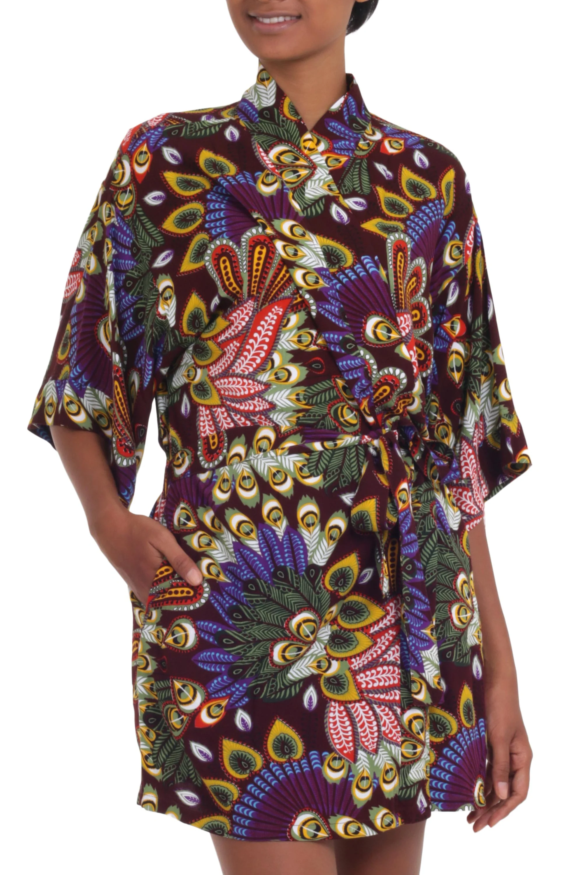 Jungle Groove Multicolored Floral Rayon Robe in Rosewood from Indonesia - Image 2