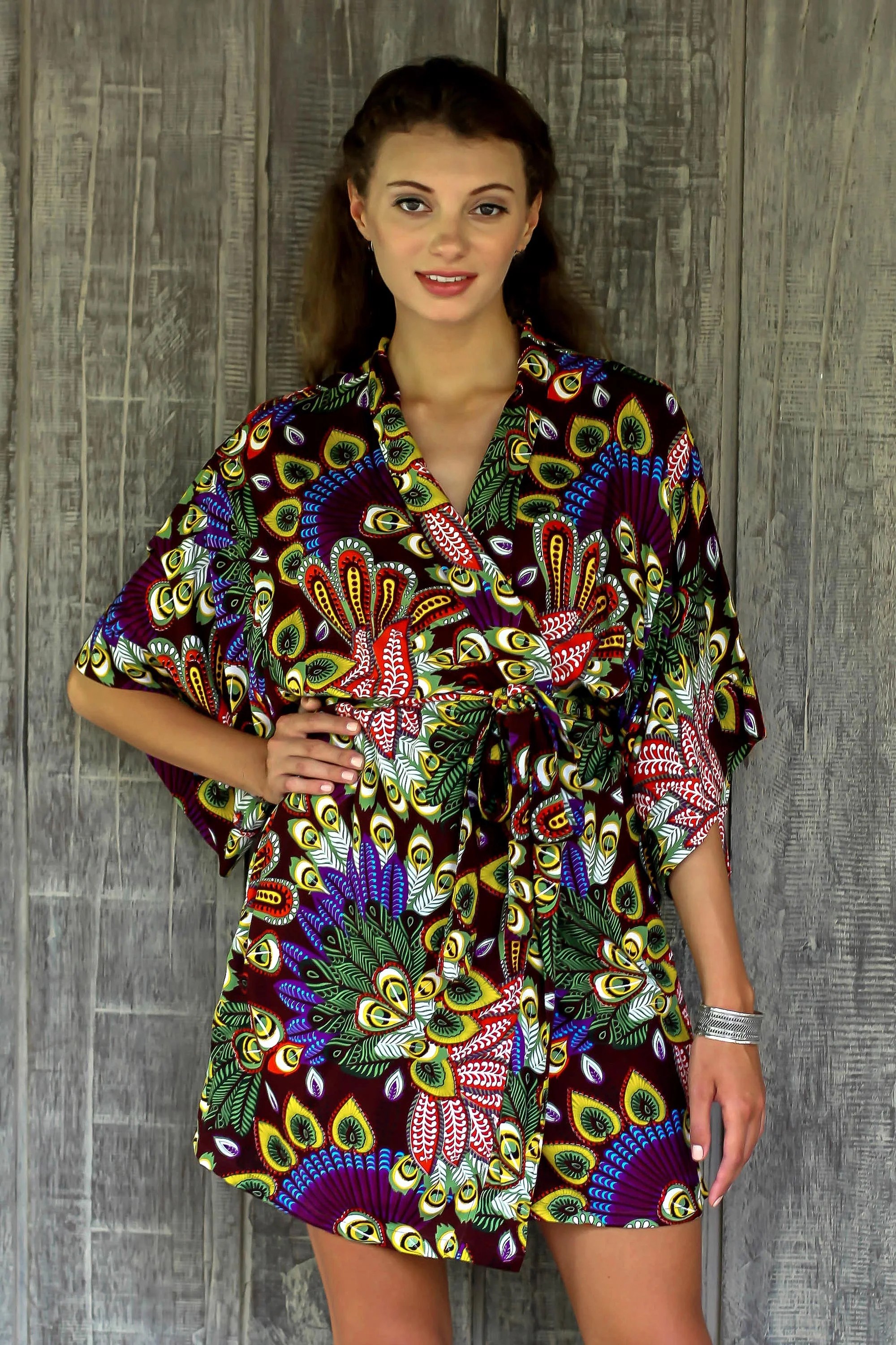 Jungle Groove Multicolored Floral Rayon Robe in Rosewood from Indonesia - Image 3