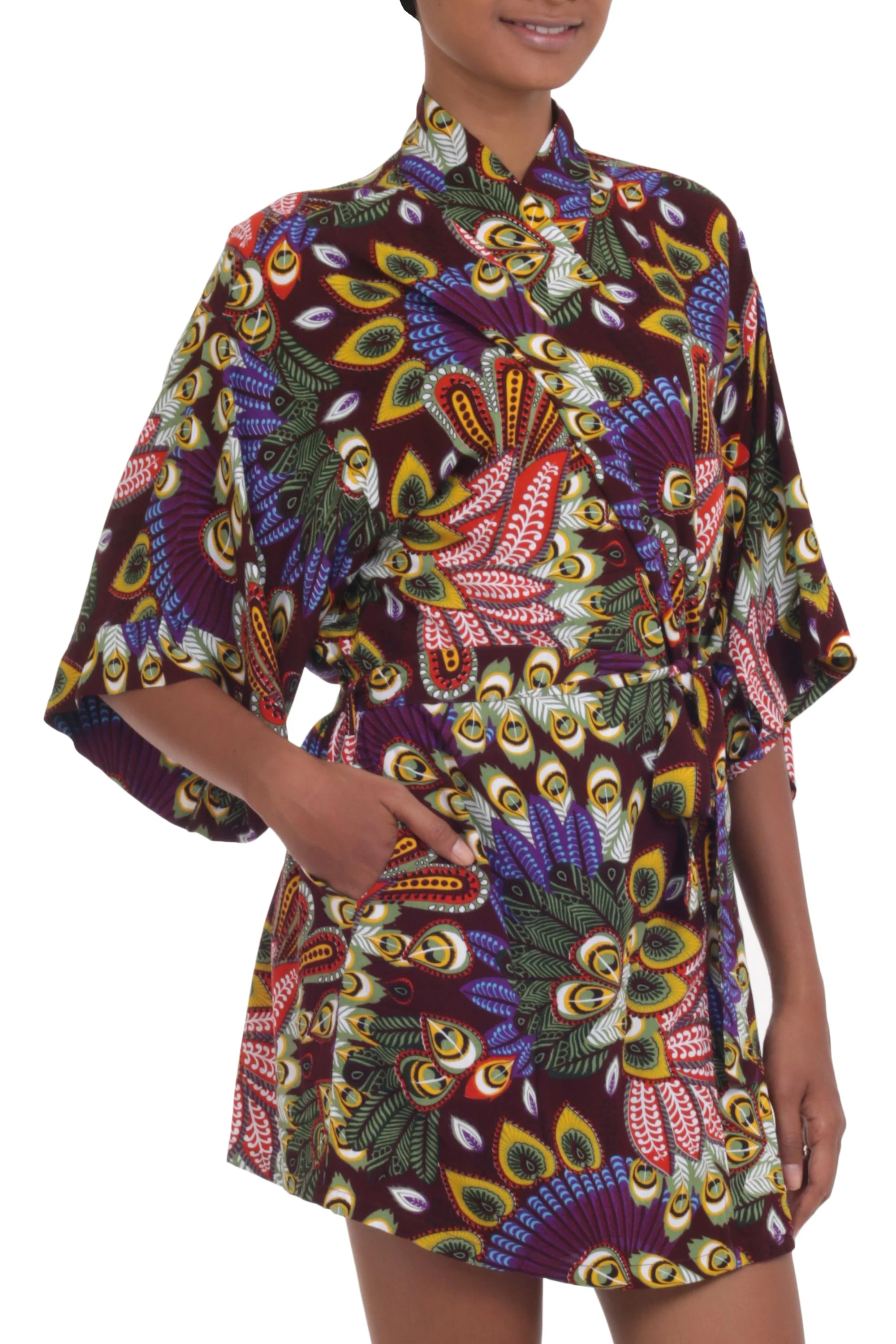 Jungle Groove Multicolored Floral Rayon Robe in Rosewood from Indonesia - Image 5