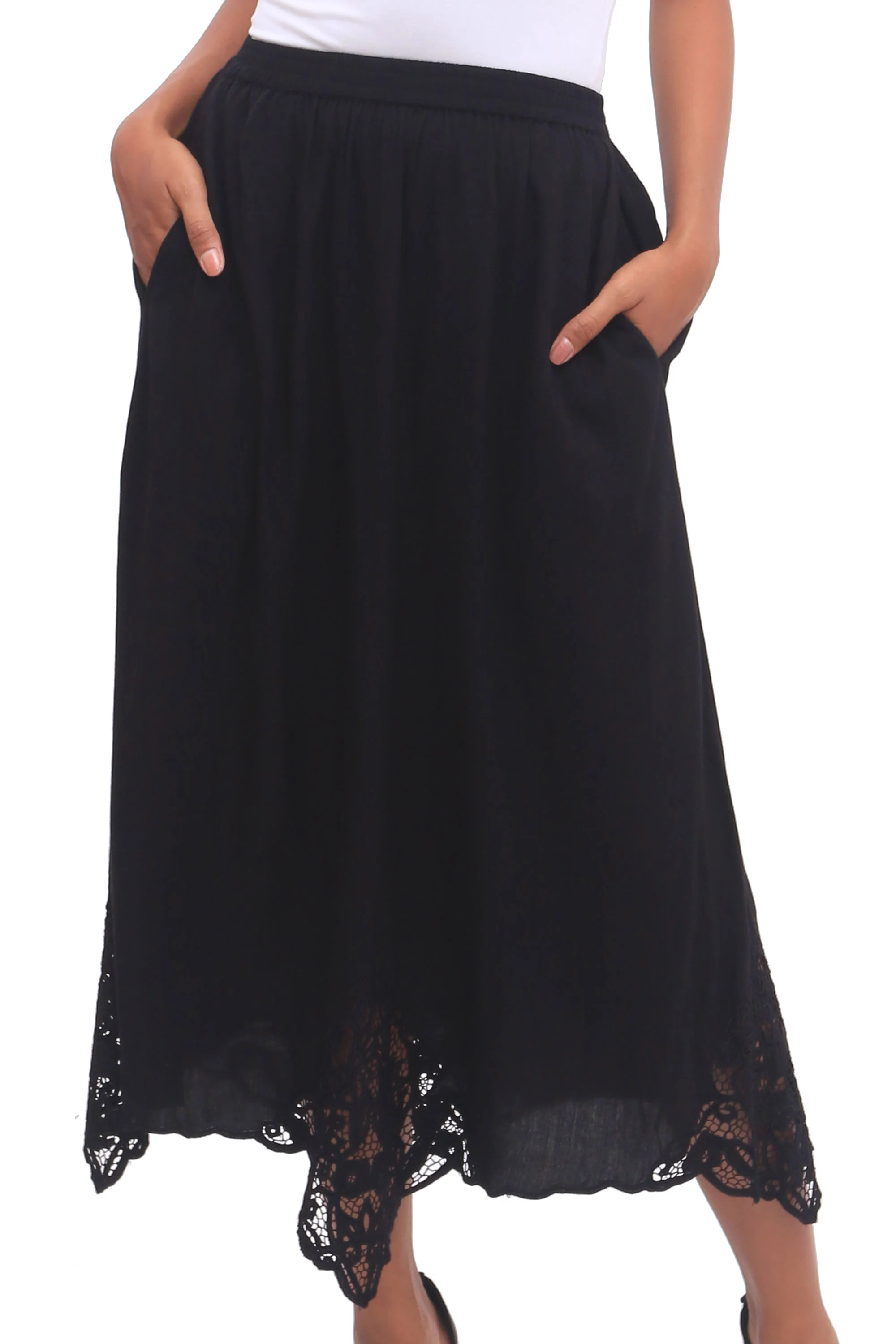 Juwita Style Hand-Embroidered Rayon Midi Skirt in Onyx from Bali - Image 2