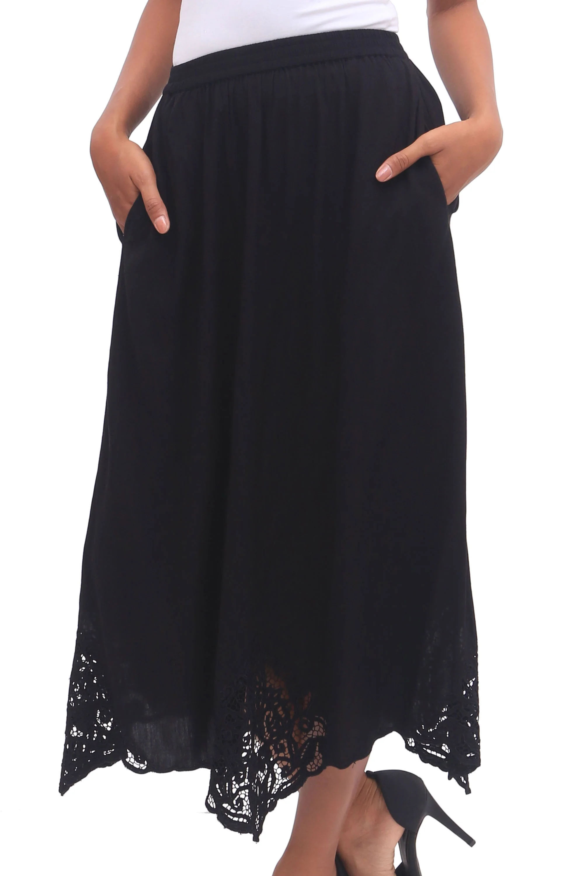 Juwita Style Hand-Embroidered Rayon Midi Skirt in Onyx from Bali - Image 4