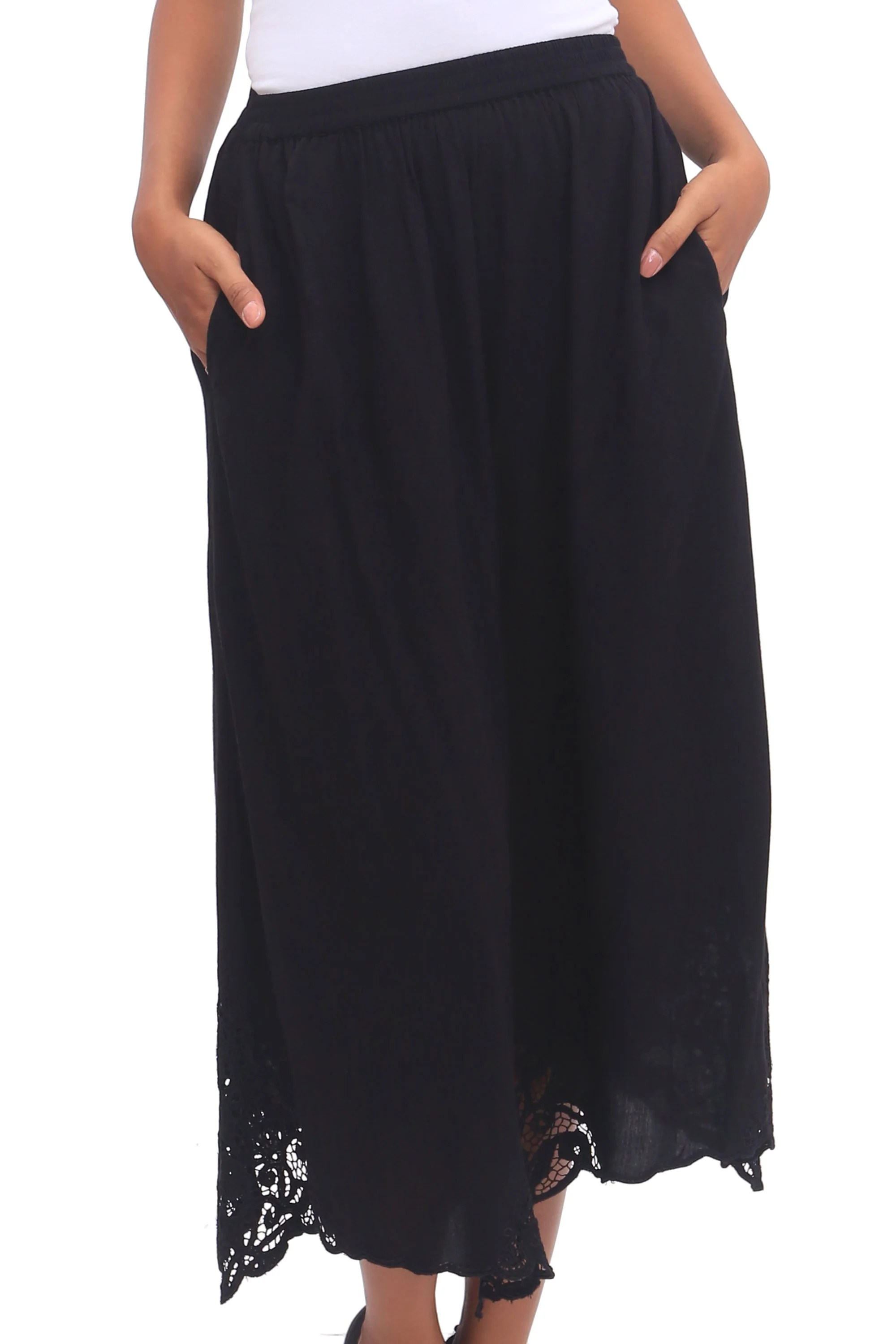 Juwita Style Hand-Embroidered Rayon Midi Skirt in Onyx from Bali - Image 5