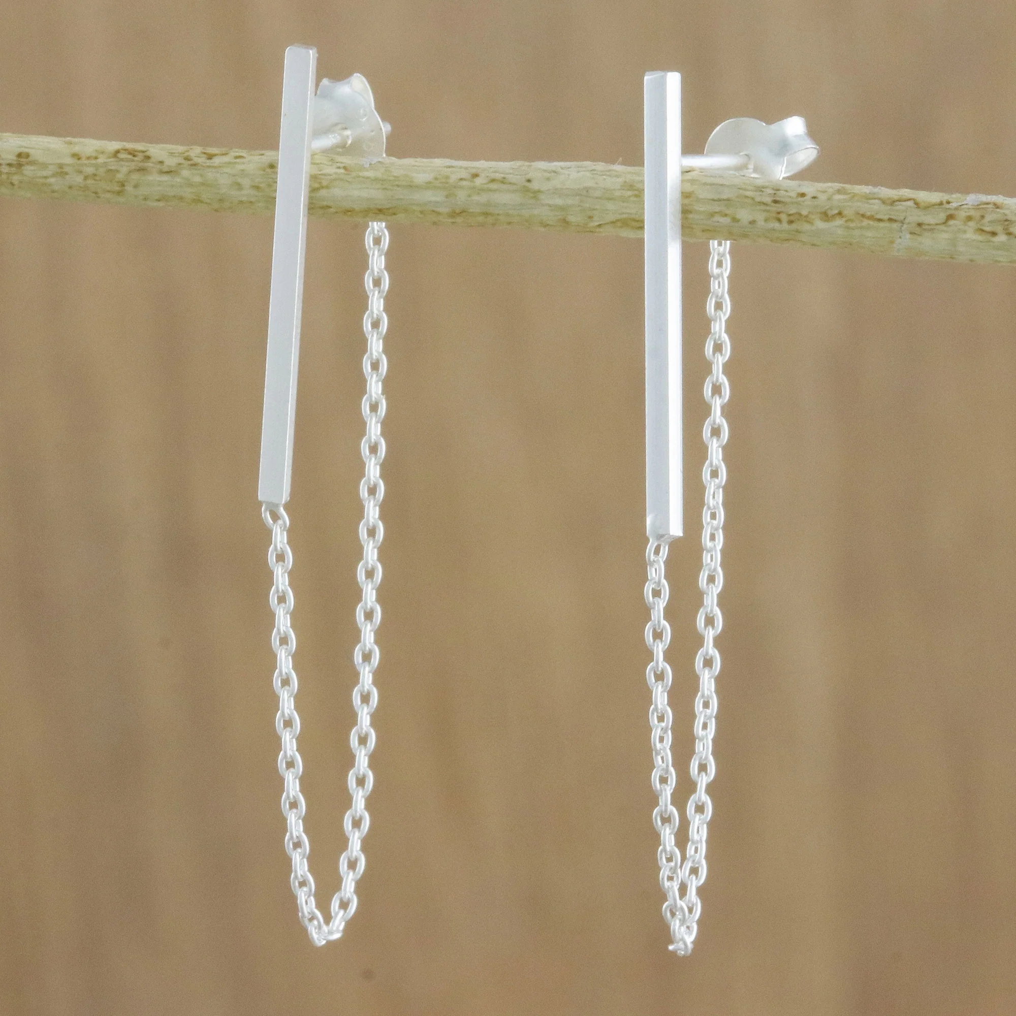 Juxtapose Sterling Silver Bar and Chain Hoop Earrings