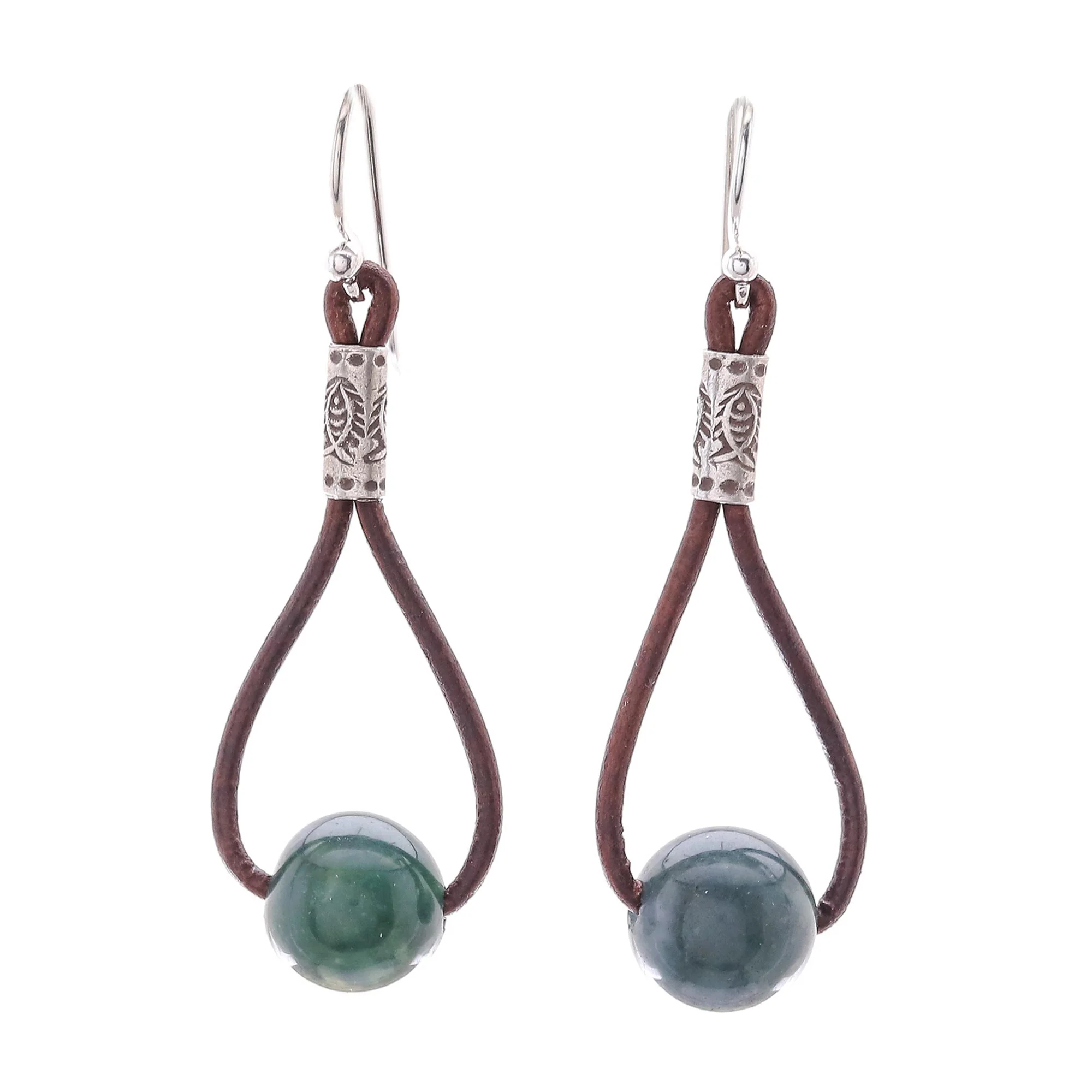 Karen Culture Hill Tribe Green Agate and Leather Dangle Earrings - Image 2