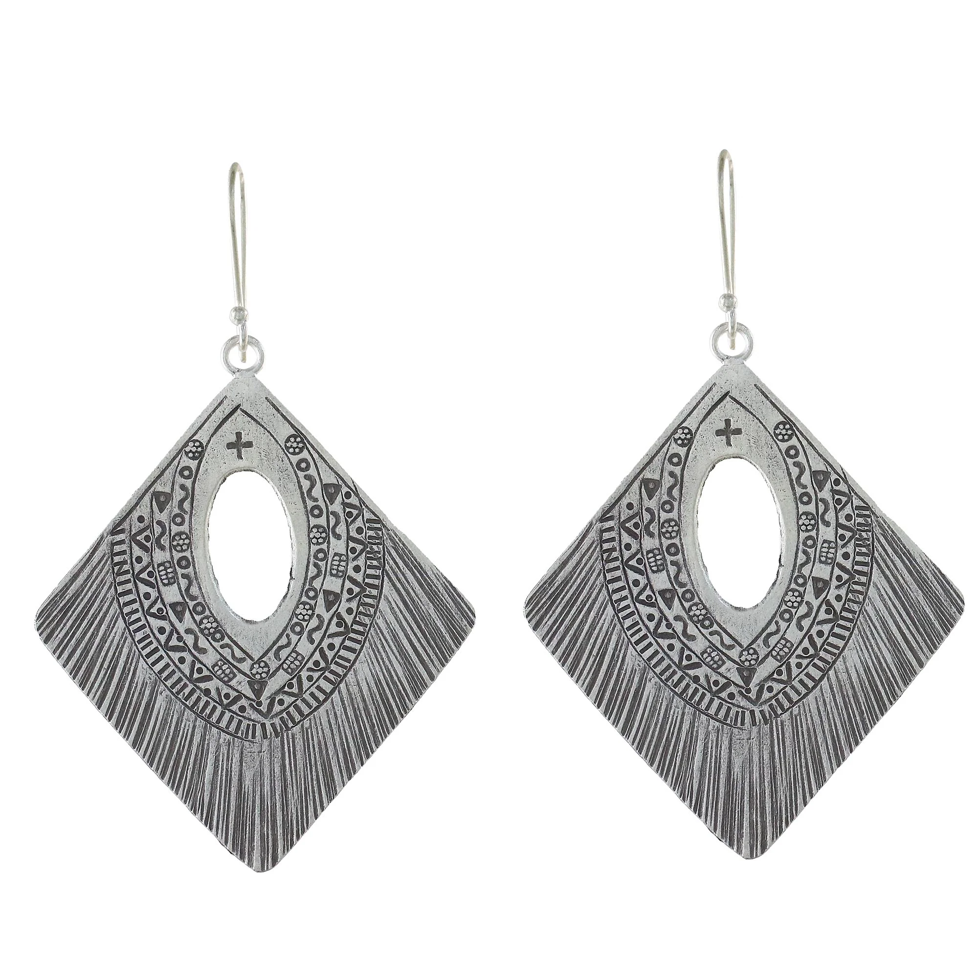 Karen Symbols Diamond-Shaped Silver Dangle Earrings from Thailand - Image 2