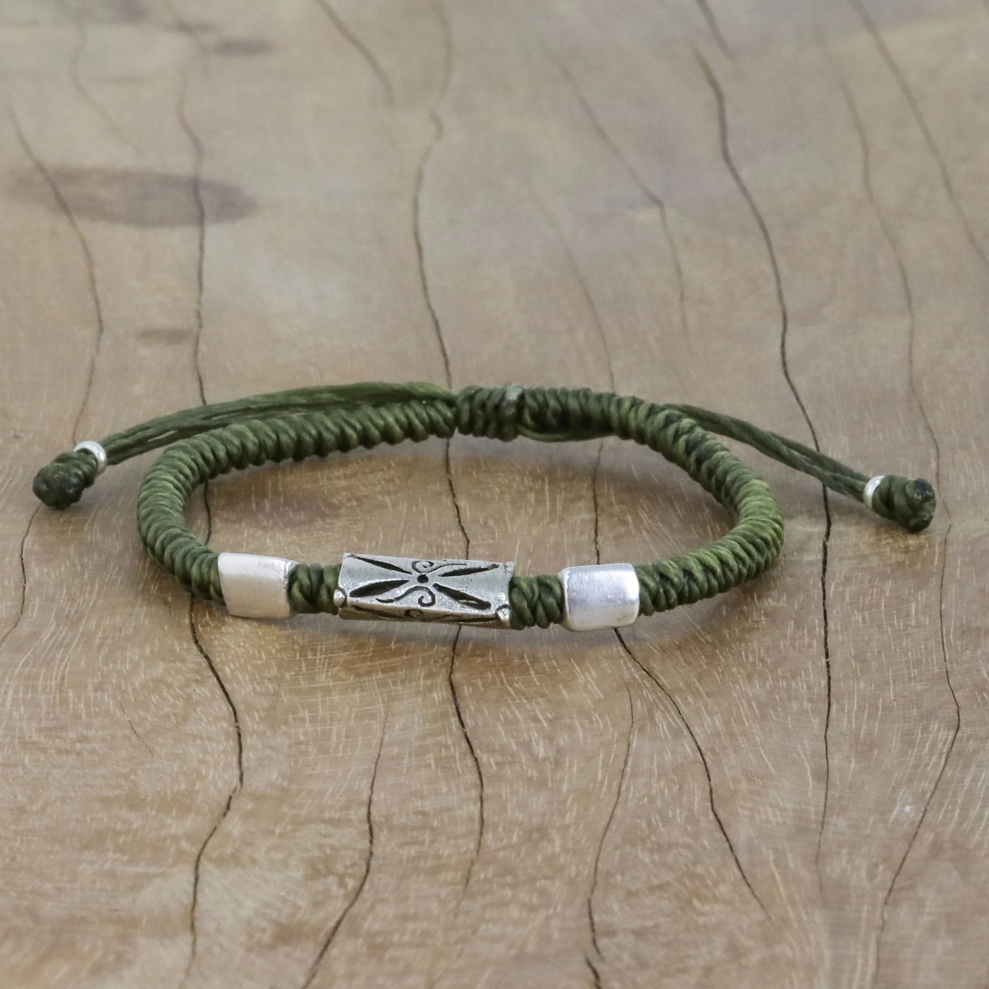 Karen Triangle in Olive Hand Braided Olive Cord Bracelet with Silver Pendants - Image 3