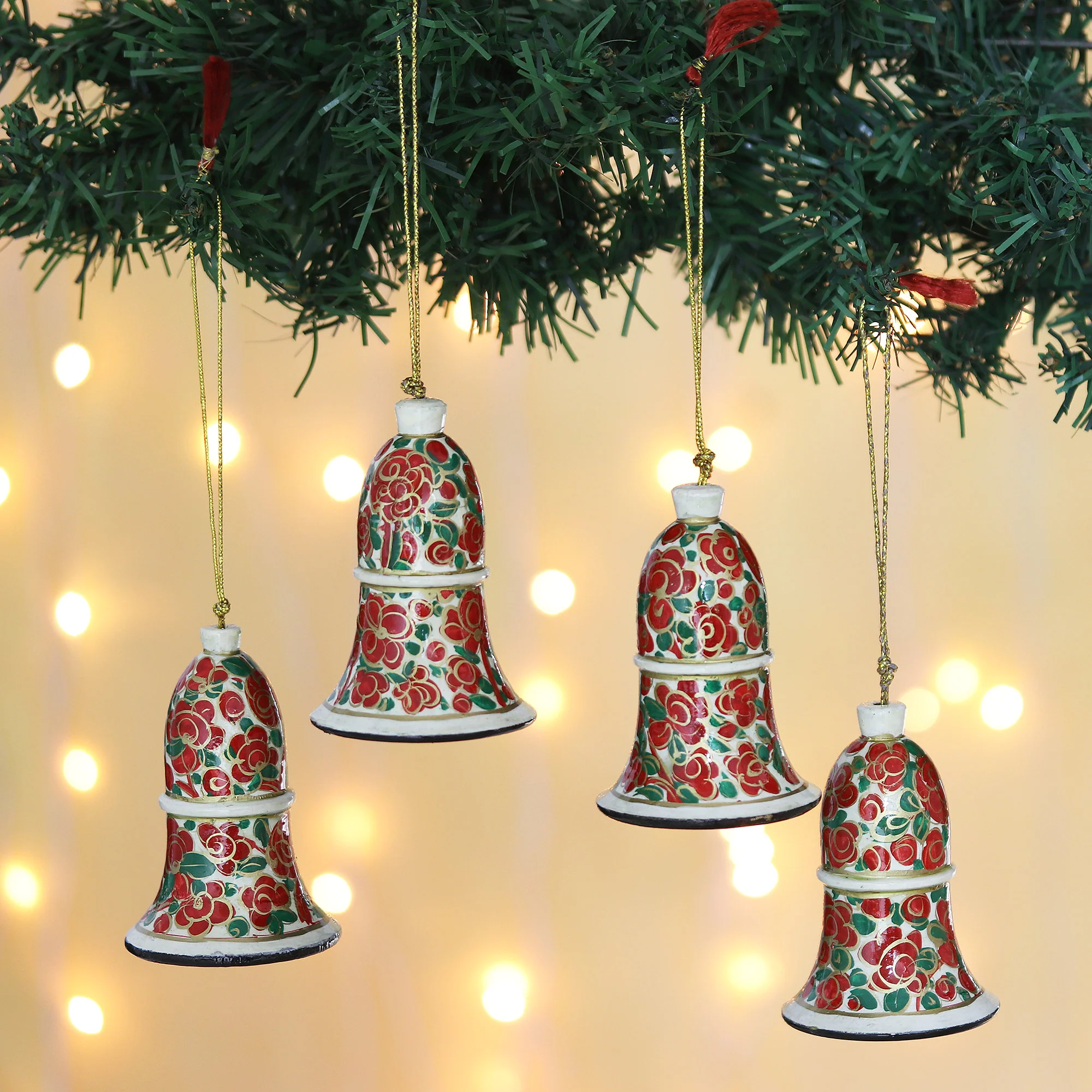 Kashmir Bells Handmade Papier Mache Bell Ornaments from India (Set of 4) - Image 3