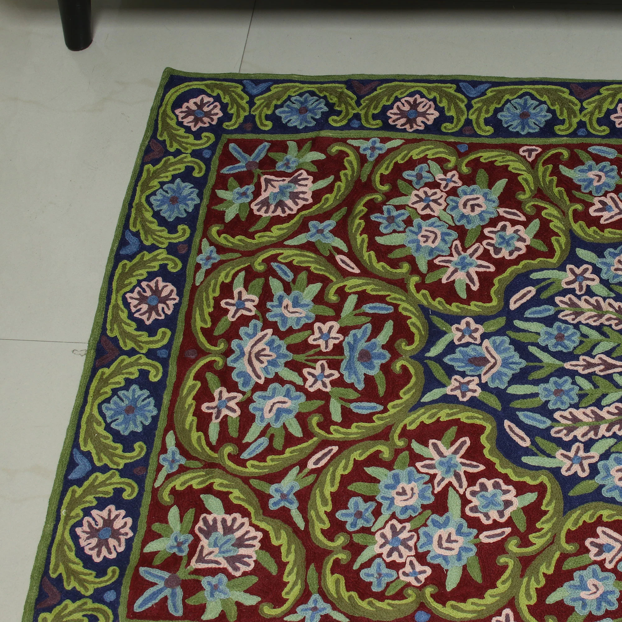 Kashmir Festival Handcrafted Floral Geometric 3 by 5 Ft Chain Stitch Rug - Image 3