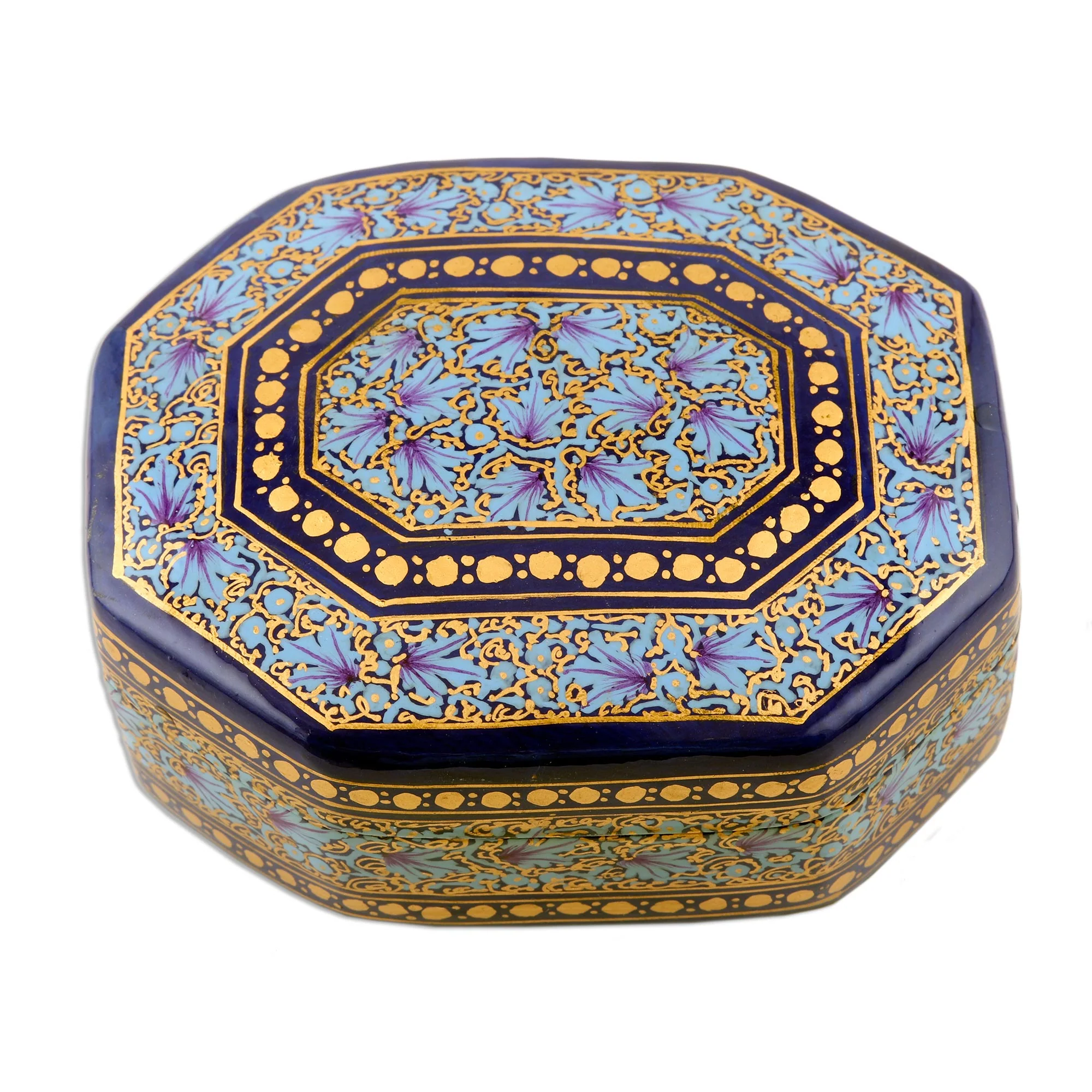 Kashmir Royal Elegant Hand Painted Blue and Gold Papier Mache Box - Image 2