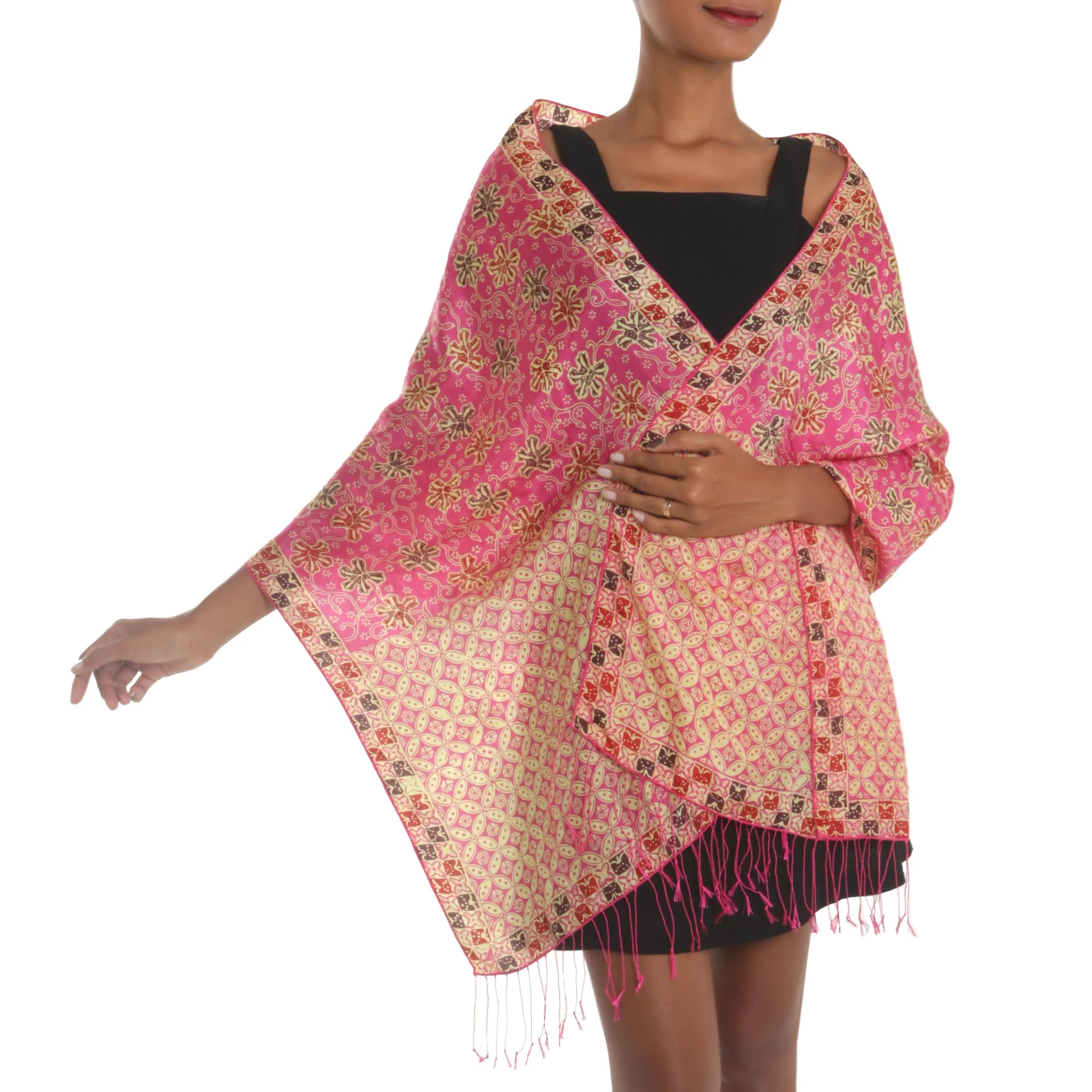 Kawung Azaleas in Fuchsia Batik Silk Shawl with Fuchsia Floral Motifs from Bali - Image 2