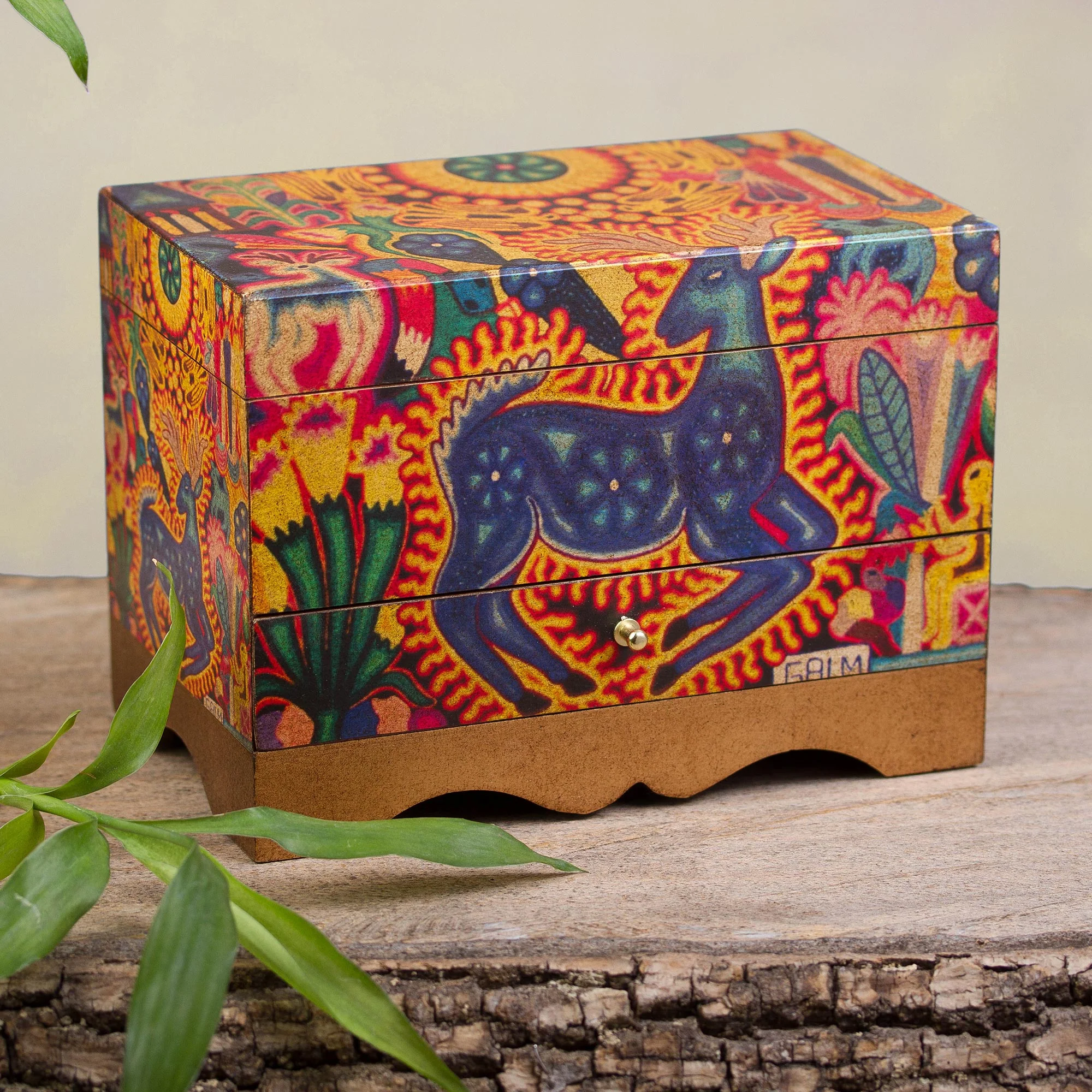 Kawuyumaire Guardian Huichol Deer on Decoupage Wood Jewelry Box