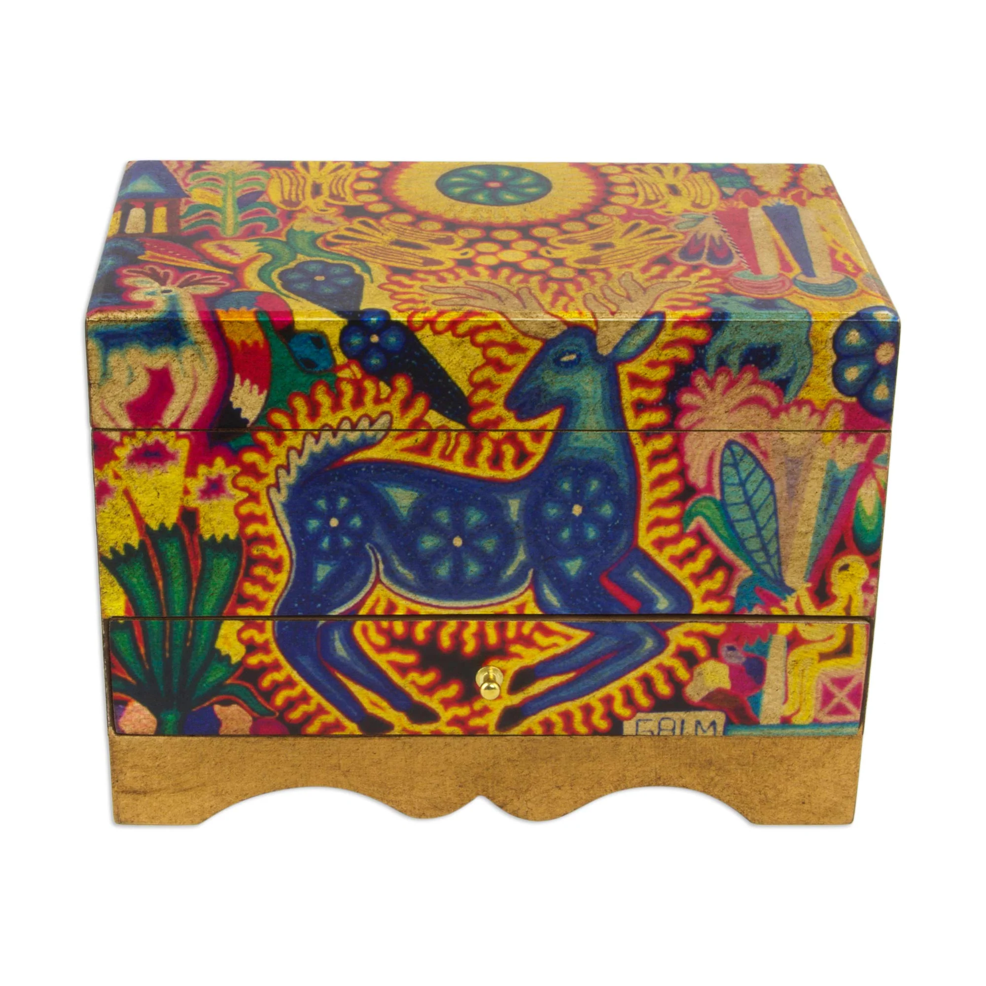 Kawuyumaire Guardian Huichol Deer on Decoupage Wood Jewelry Box - Image 2