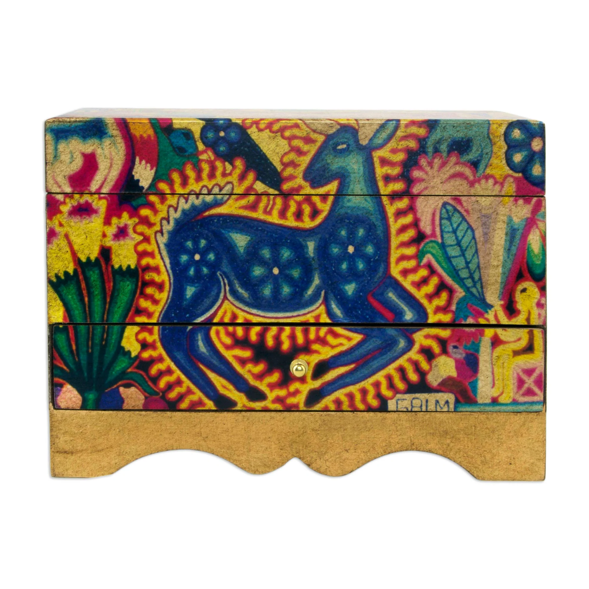 Kawuyumaire Guardian Huichol Deer on Decoupage Wood Jewelry Box - Image 3