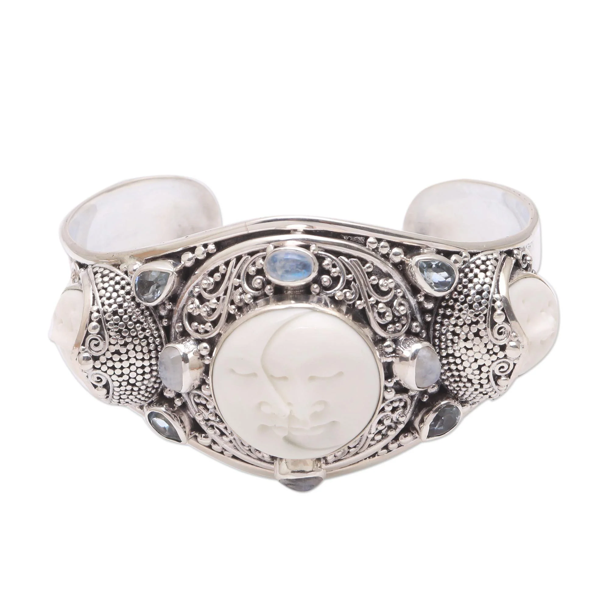 Keeper of the Moon Multi-Gem Sterling Silver & Bone Cuff Bracelet - Image 2